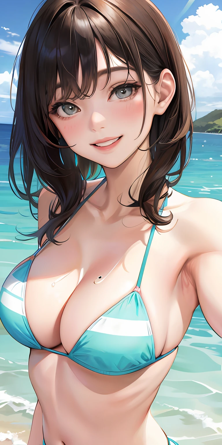 Realistic, single girl selfie, wearing bikini, big breasts, smiling face