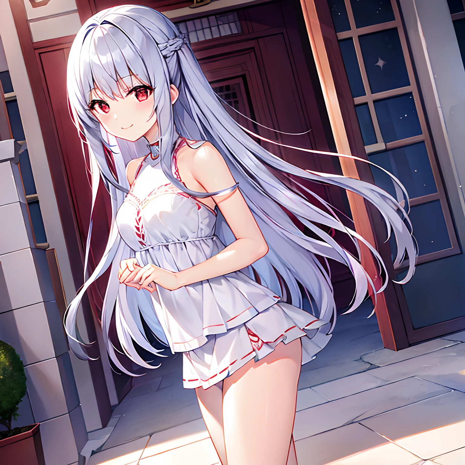 silber hair、red eyes、Beautiful girl alone、独奏、animesque、doress、off shoulders、a miniskirt、a smile