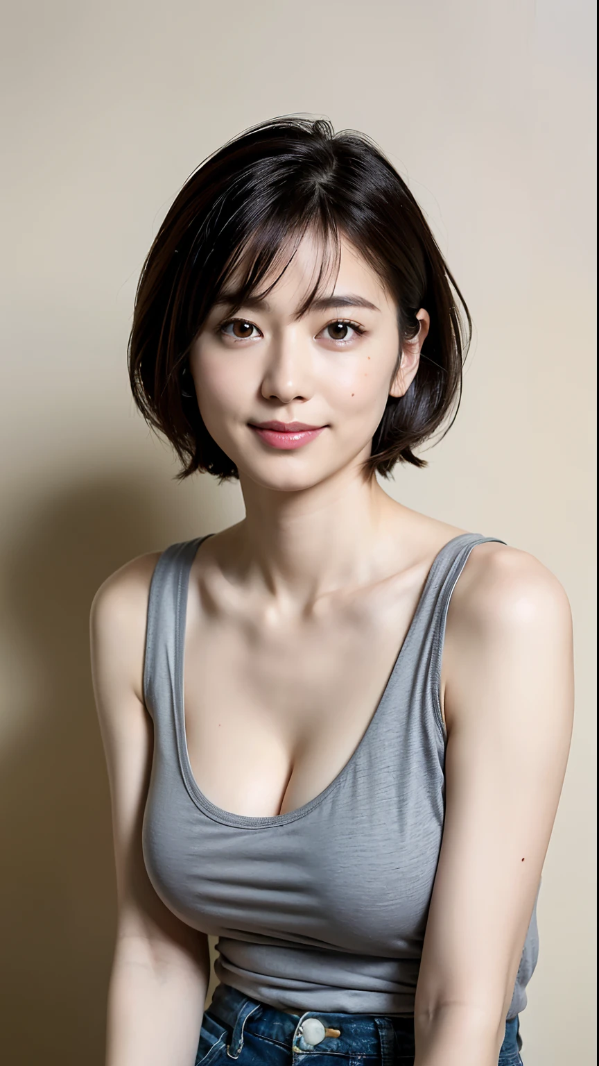 (Best quality, 8k, 32k, Masterpiece, UHD:1.3),Photo of Pretty Japanese woman, large breasts, very short bob hair,upper body,(tank top, short pants:1.1) ,necklace, healthy skin, simple background, (looking down:1.2),smile, touching breast, cleavage view, middle angle