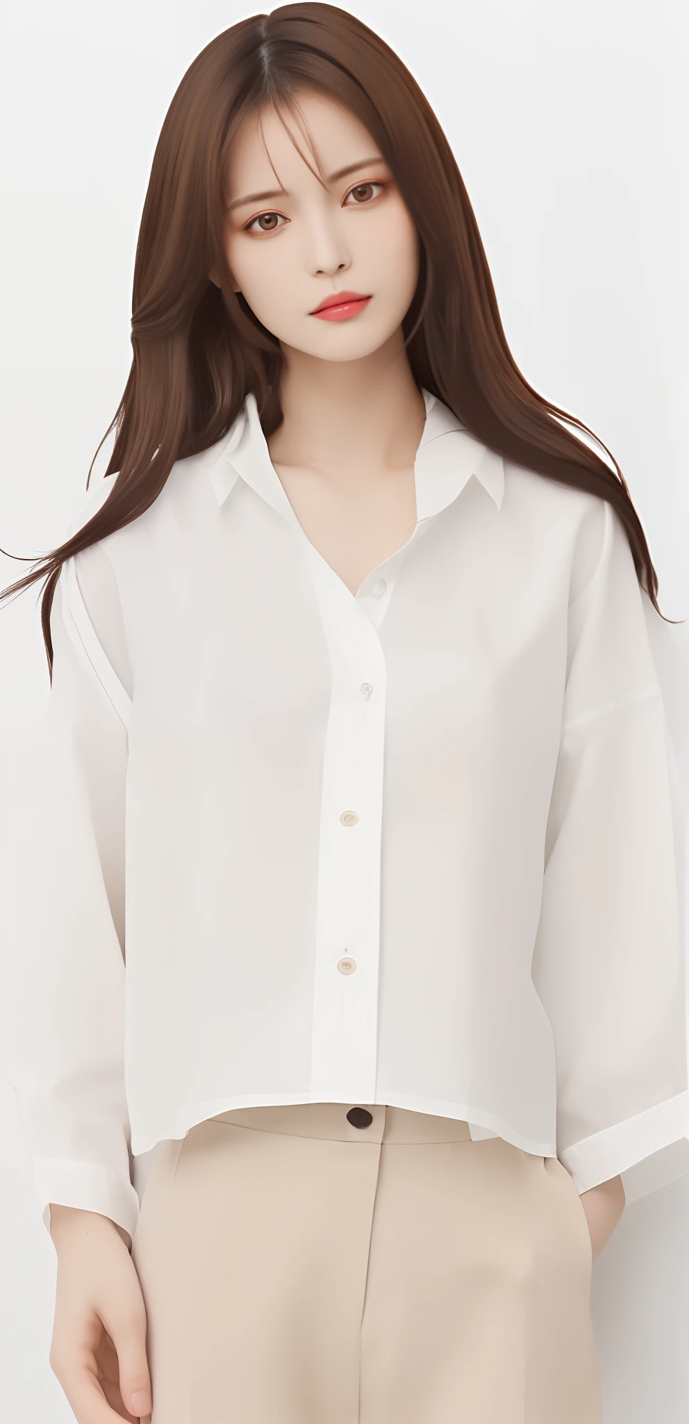 ((masutepiece, of the highest quality, High Definition)),Close up portrait of woman in white shirt and beige pants, Long shirt, fine white shirt, White shirt, in a white shirt, in a white shirt, wearing a white button up shirt, White clothes, Wearing a white shirt, whiteshirt, wearing in shirt, casual white garment, loose - fitting blouses, White clothing, with white,feminine makeup, ((Feminine long hair, Dark brown hair color,: 1.5)),