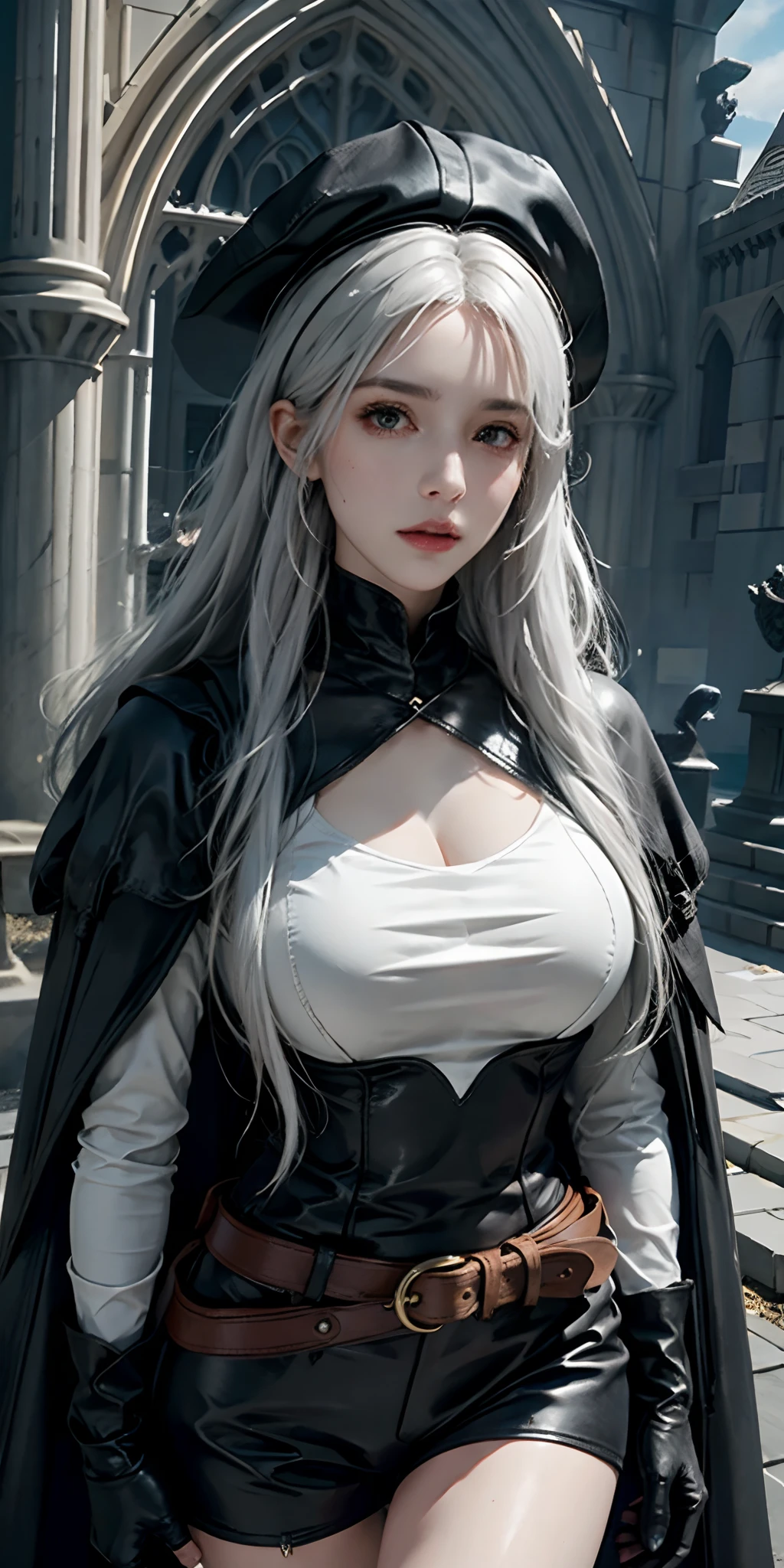 photorealistic, high resolution, soft light,1women, solo, hips up, look at viewer, (detailed face), white hair, bangs, edgBB, black gloves, belt, coat, torn clothes, capelet, gauntlets, vambraces, black capelet, hunter (bloodborne), TRICORN hat, woman wearing edgBB_outfit, outdoors, gothic architecture, jewelry