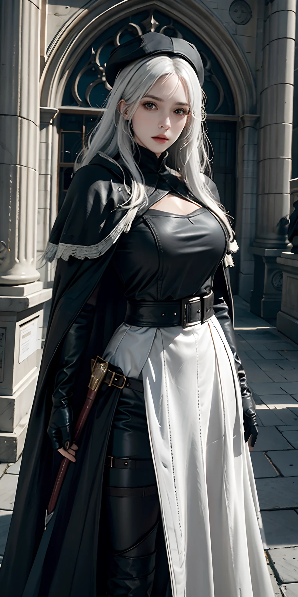 photorealistic, high resolution, soft light,1women, solo, hips up, look at viewer, (detailed face), white hair, bangs, edgBB, black gloves, belt, coat, torn clothes, capelet, gauntlets, vambraces, black capelet, hunter (bloodborne), TRICORN hat, woman wearing edgBB_outfit, outdoors, gothic architecture, jewelry
