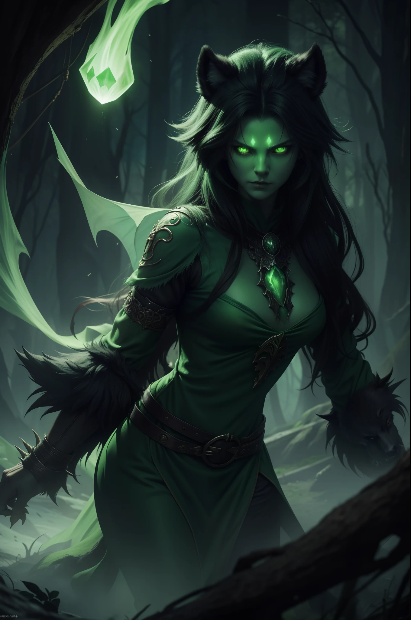 cursed dire wolf, demon, green aura, green ghost body, fantasy style, horrifying