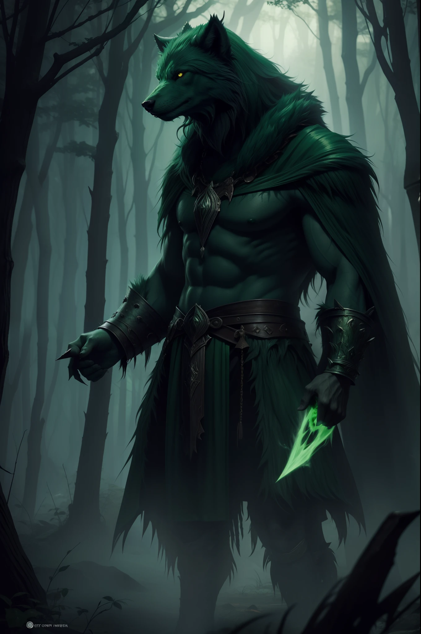 cursed dire wolf, demon, green aura, green ghost body, fantasy style, horrifying