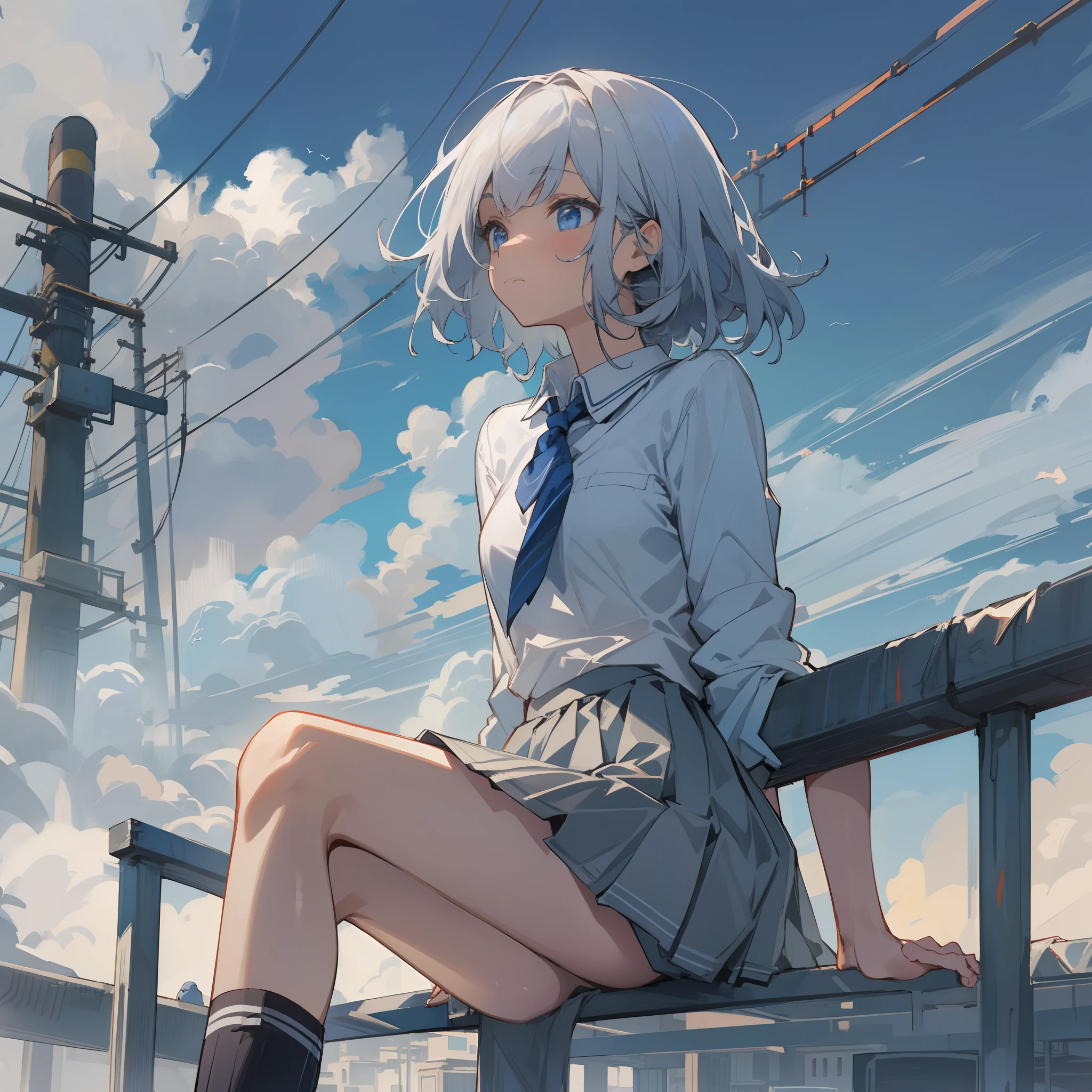 (best quality),(masterpiece),(ultra detailed),(highres),production art,1girl, sky, barefoot, solo, cloud, skirt, sitting, blue eyes, outdoors, blue sky, railing, day, long sleeves, sweater, bare legs, black skirt, sleeves past wrists, pleated skirt, bangs, blue sweater, cloudy sky, arm support, bird, shirt, grey hair, utility pole, medium hair, power lines, school uniform, building, balcony, closed mouth, from side, miniskirt, looking away, white shirt,