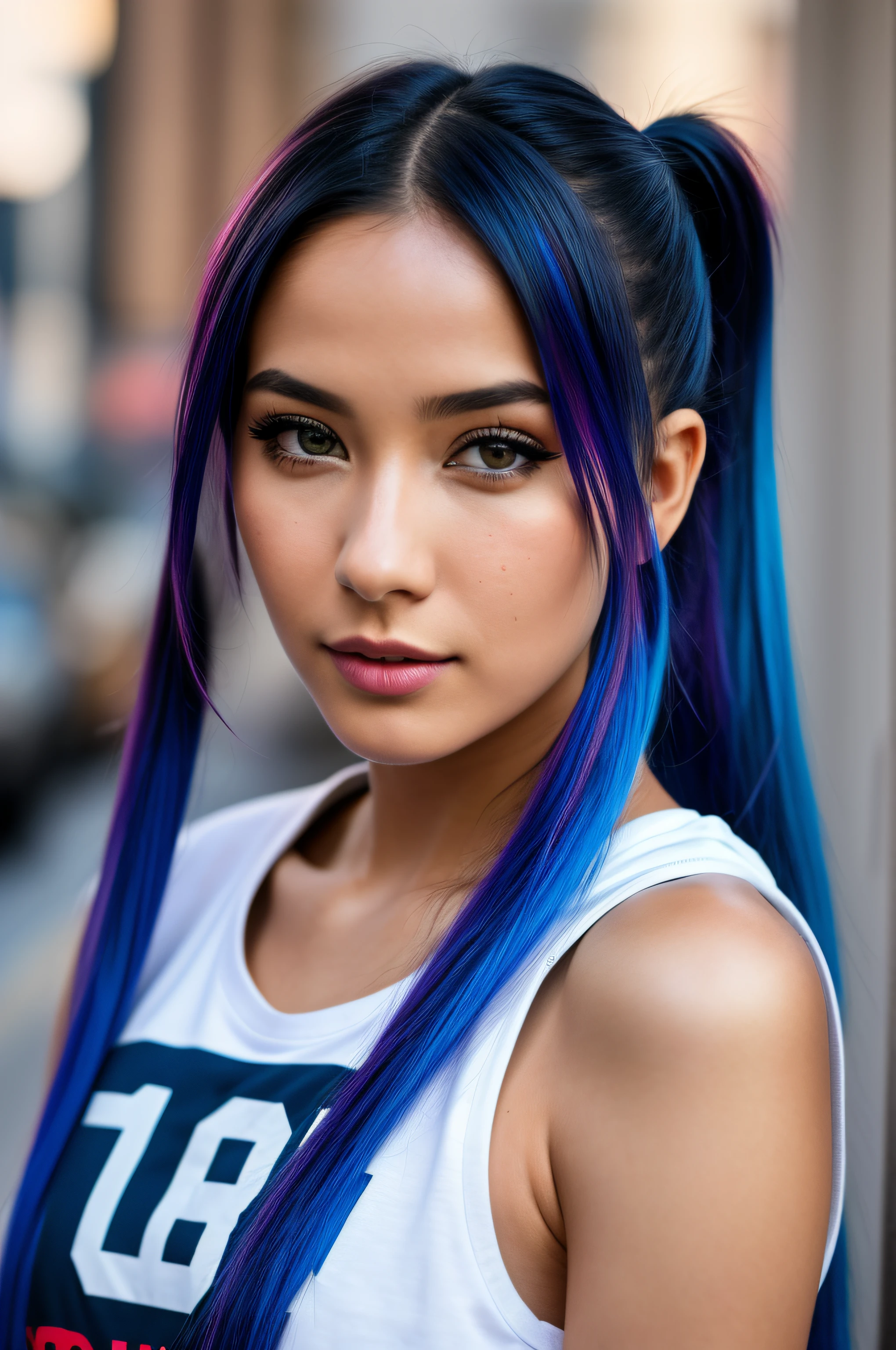 photo of (emikin:0.99), a woman as a sexy TikTok influencer, modelshoot style, cobalt hair, twintails, cobalt eyes, happy, cobalt hoodie, (extremely detailed CG unity 8k wallpaper), photo of the most beautiful artwork in the world, professional majestic (photography by Steve McCurry), 8k uhd, dslr, soft lighting, high quality, film grain, Fujifilm XT3 sharp focus, f 5.6, High Detail, Sharp focus, dramatic, (wearing a punk t-shirt), (looking at viewer:1.2), (detailed pupils:1.3), (natural light), (closeup:1.2), (seductive)