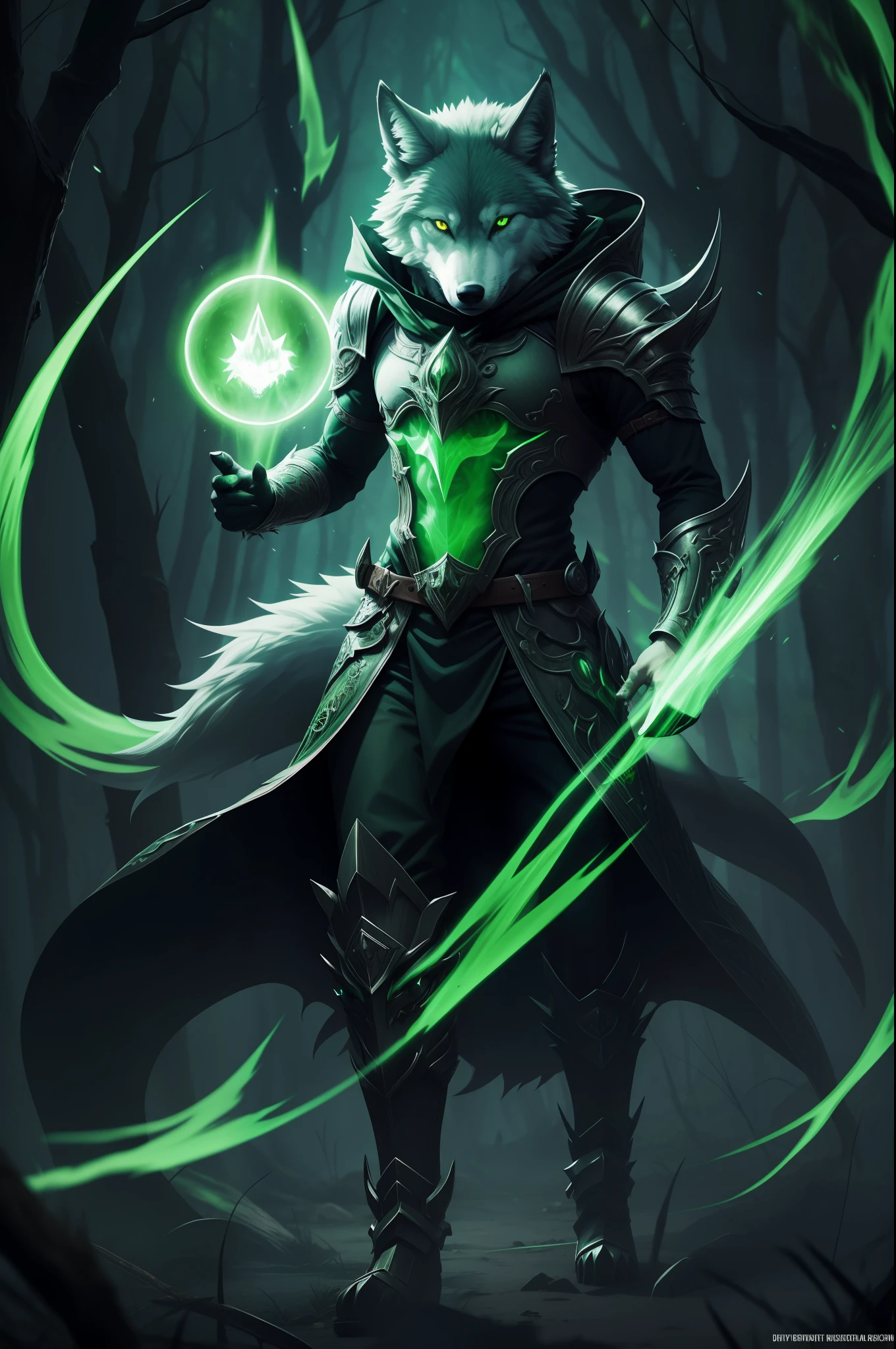 cursed wolf, demon, green aura, transparent green body, fantasy style