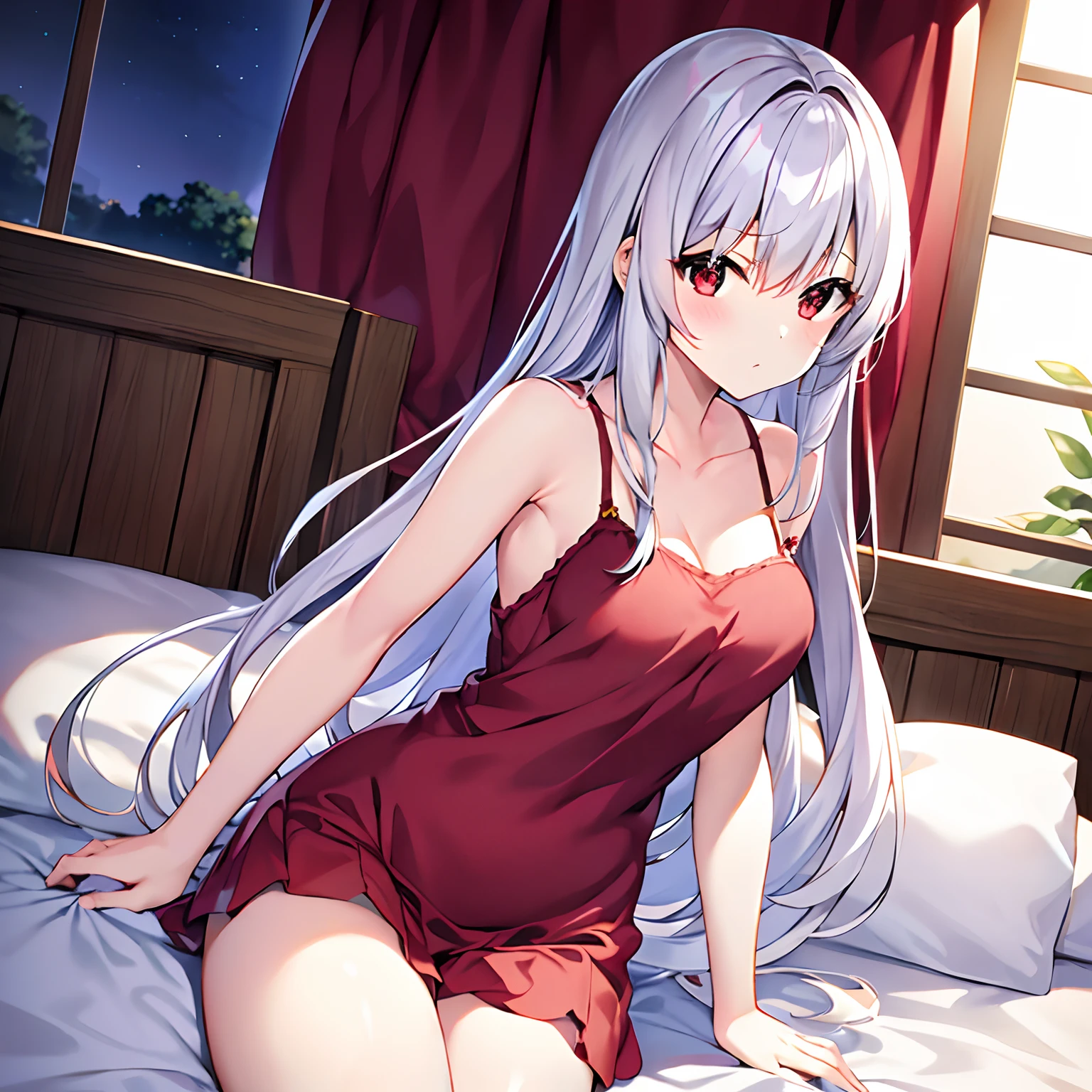 silber hair、red eyes、Beautiful girl alone、独奏、animesque、Camisole、a bed