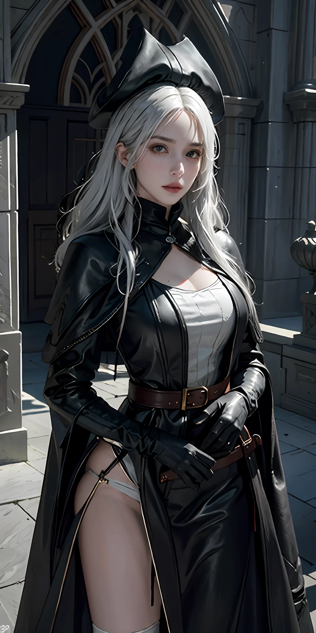 photorealistic, high resolution, soft light,1women, solo, hips up, look at viewer, (detailed face), white hair, bangs, edgBB, black gloves, belt, coat, torn clothes, capelet, gauntlets, vambraces, black capelet, hunter (bloodborne), TRICORN hat, woman wearing edgBB_outfit, outdoors, gothic architecture, jewelry