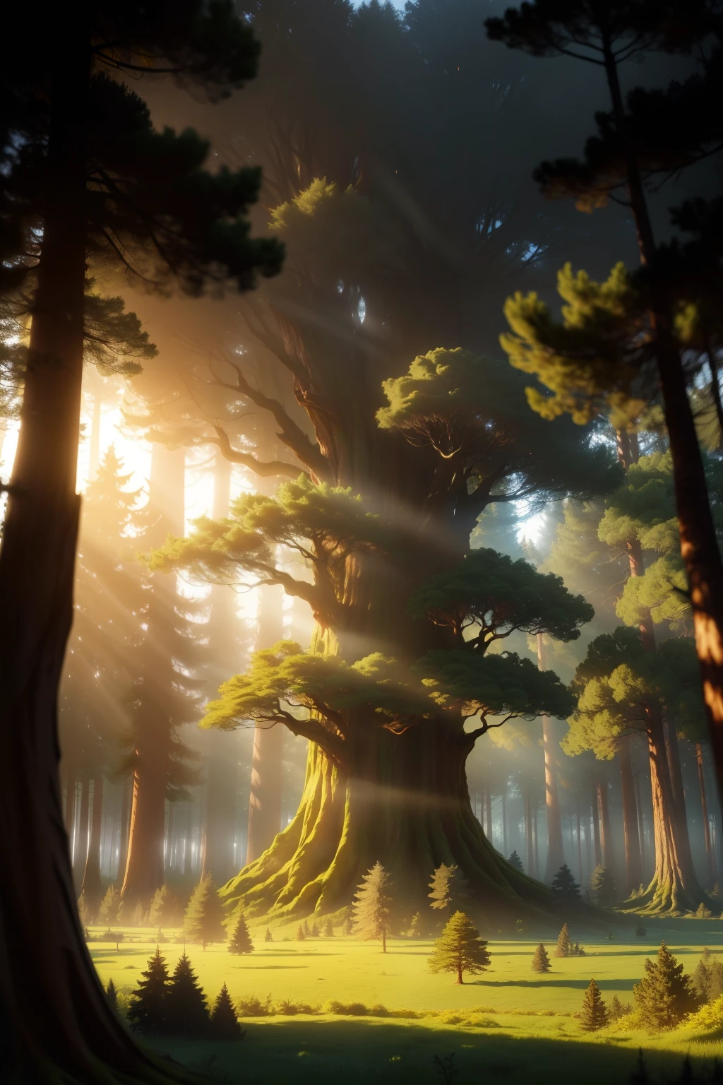 A giant mythological tree in the middle of a small forest (arvore) (floresta ao fundo da imagem:1.1) Tracing of volumetric haze rays z pass bright light, (obra-prima) (melhor qualidade) (detalhado) (8k) (cinematic lighthing) (foco nítido) (intrincado)