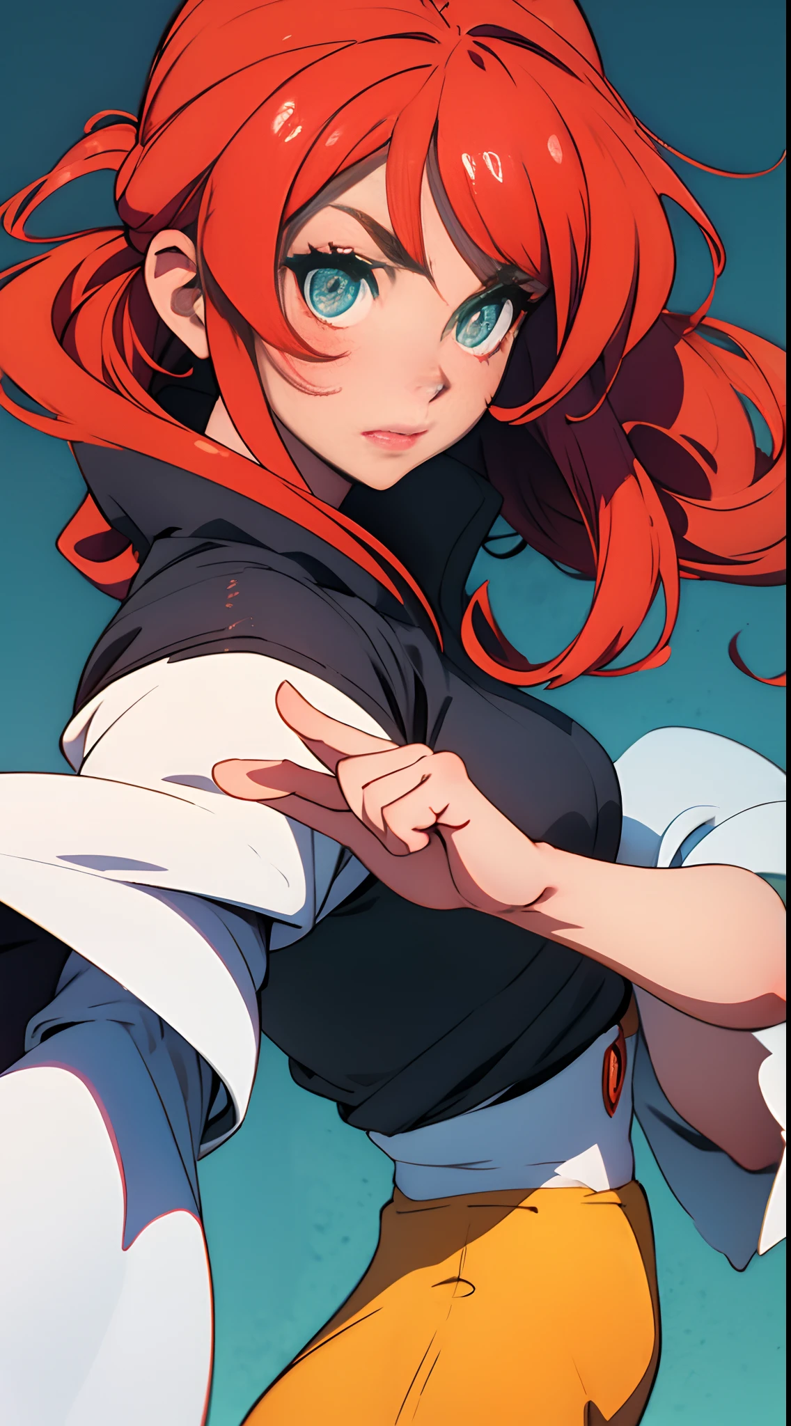 Fille anime avec cheveux noirs, yeux rouges