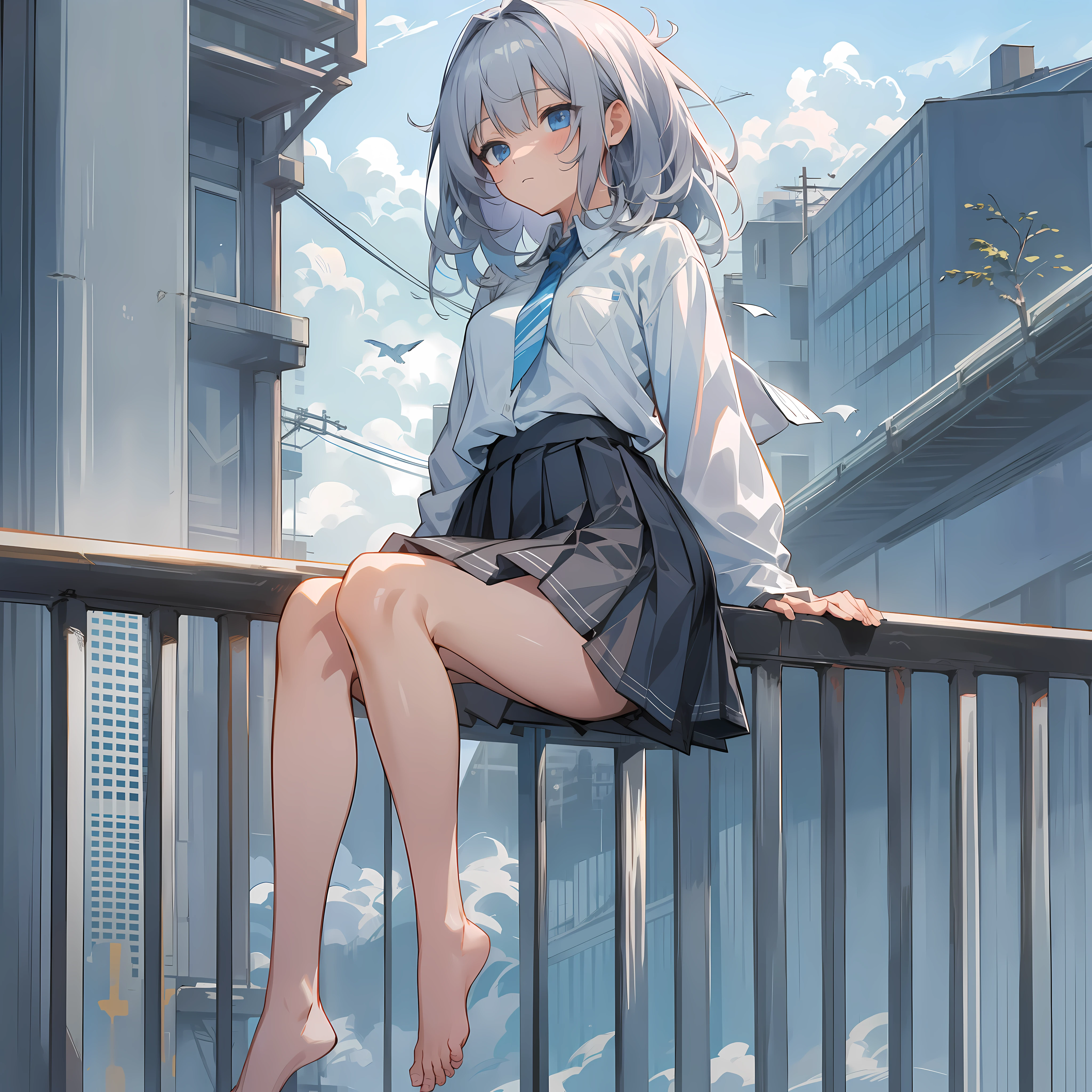 (best quality),(masterpiece),(ultra detailed),(highres),production art,1girl, sky, barefoot, solo, cloud, skirt, sitting, blue eyes, outdoors, blue sky, railing, day, long sleeves, sweater, bare legs, black skirt, sleeves past wrists, pleated skirt, bangs, blue sweater, cloudy sky, arm support, bird, shirt, grey hair, utility pole, medium hair, power lines, school uniform, building, balcony, closed mouth, from side, miniskirt, looking away, white shirt,