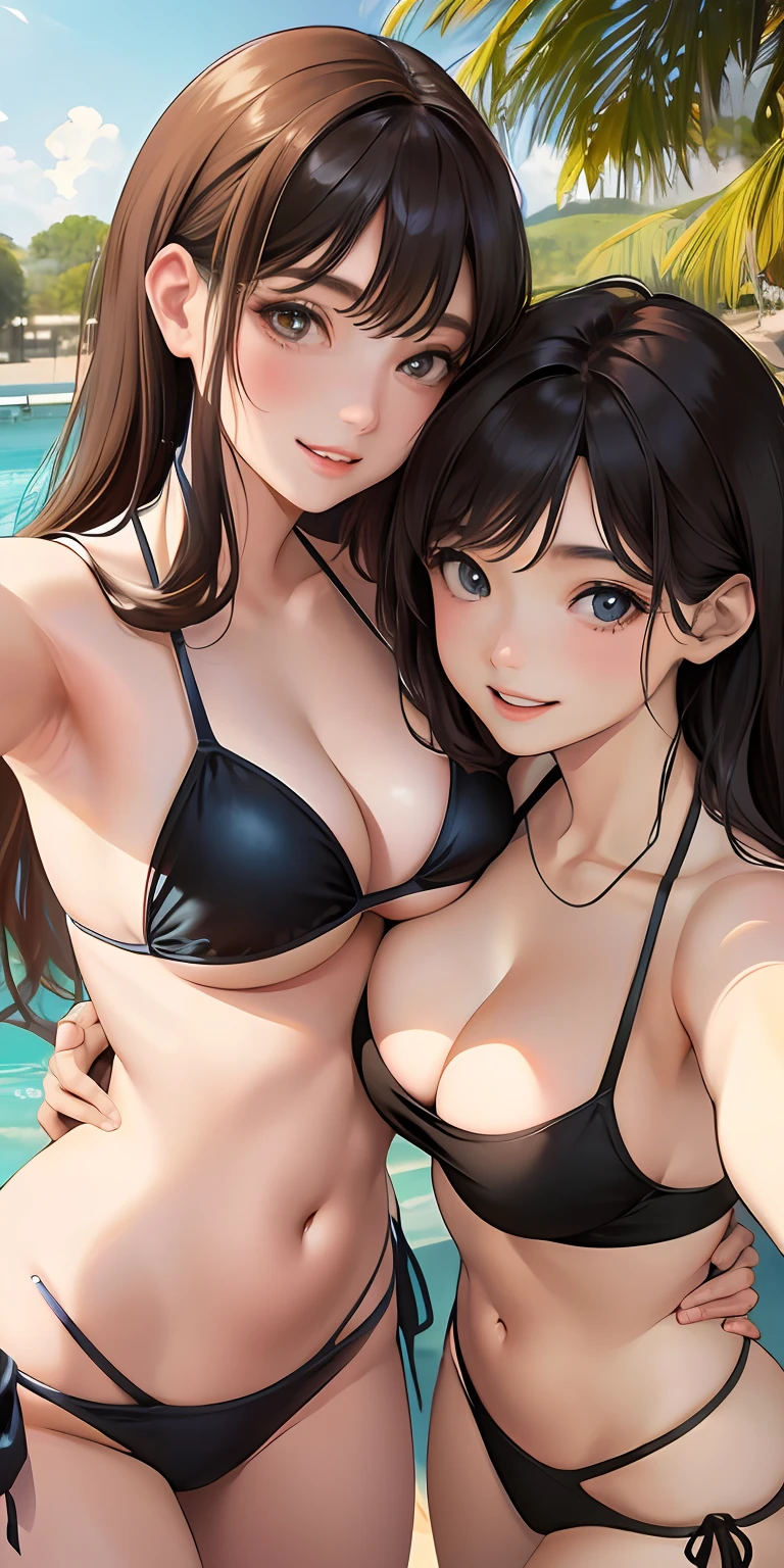 Realistic, Selfie of two girls, close contact with both breasts, wearing a bikini, big breasts, smiling face