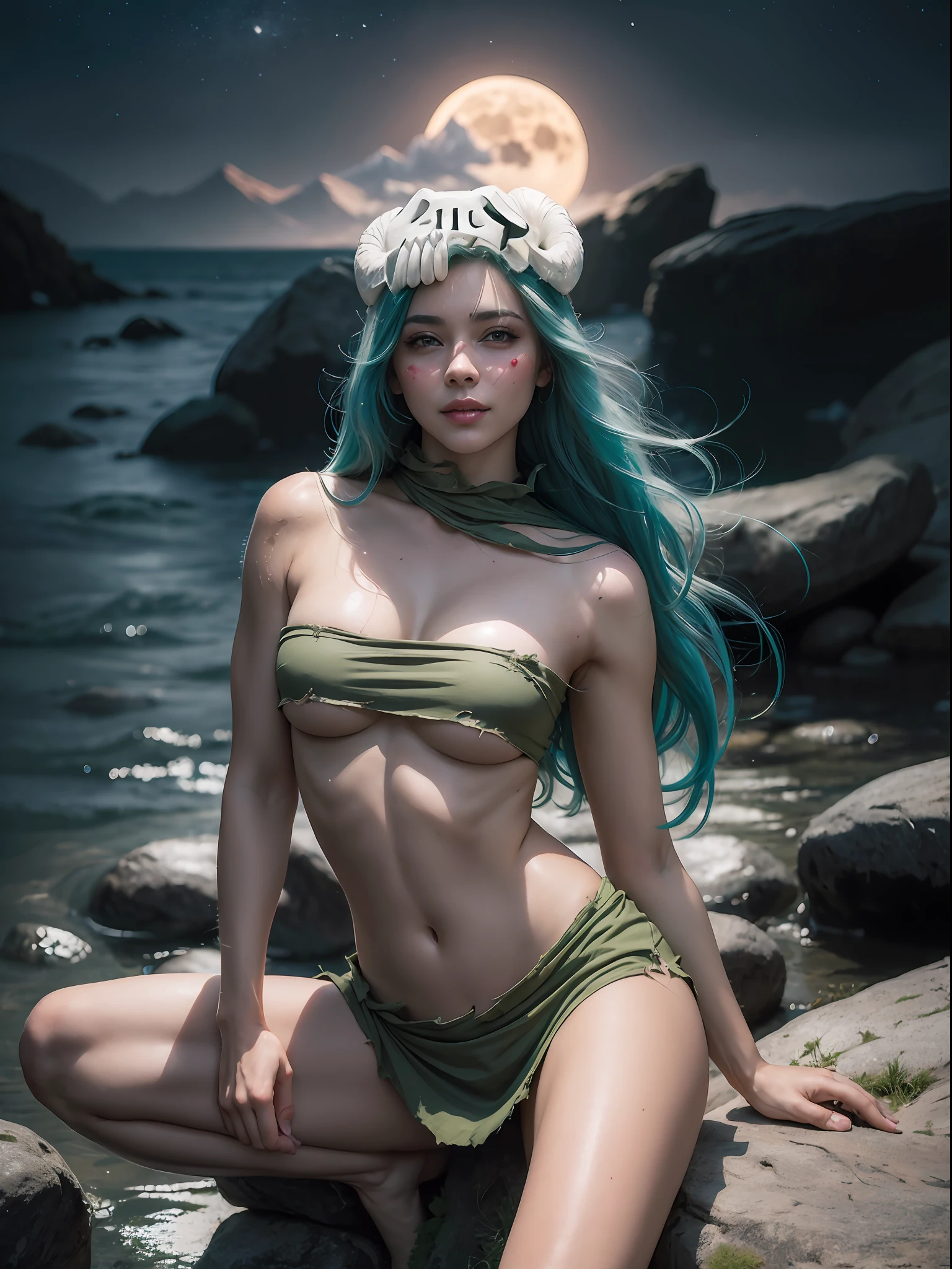 (masterpiece, best quality:1.4), (full body), (sitting on a rock:1.2), (erotic pose), odelschwanck, green hair, skull, torn clothes, underboob, skirt, sexy smile, looking at viewer, beautifull smile, beautiful face, highly detailed face, highly detailed eyes, highly detailed skin, skin pores, subsurface scattering, realistic pupils, full face blush, full lips, detailed background, depth of field, volumetric lighting, sharp focus, absurdres, realistic proportions, good anatomy, (realistic, hyperrealistic:1.4), moon background, nightlight 16k hdr,