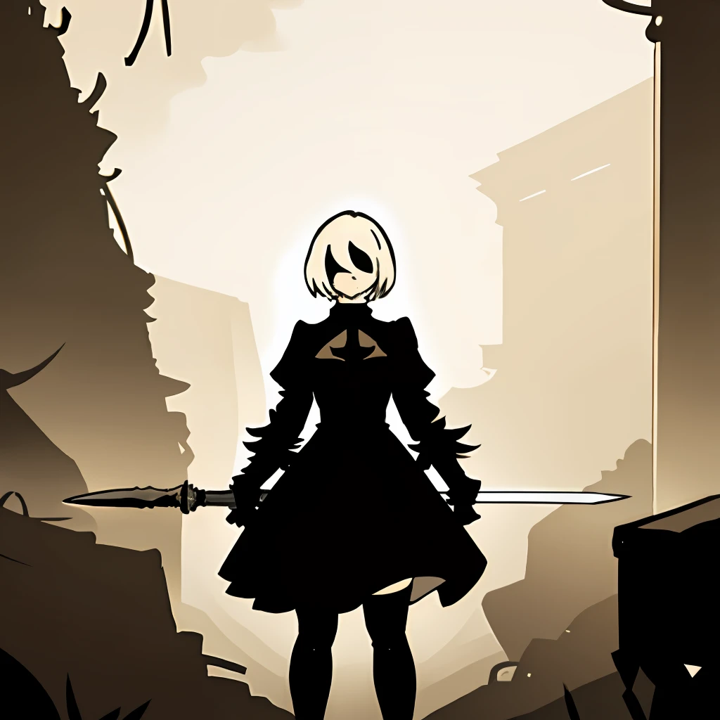 YoRHa No. 2 Type B, mysterious ambiance, expressionless face, dynamic pose, blindfold, solitary presence,Nier: Automata 2B, a fierce fighter with a stunning sword, showcasing her powerful thighs and elegant attire, exuding strength and beauty with a touch of sophistication