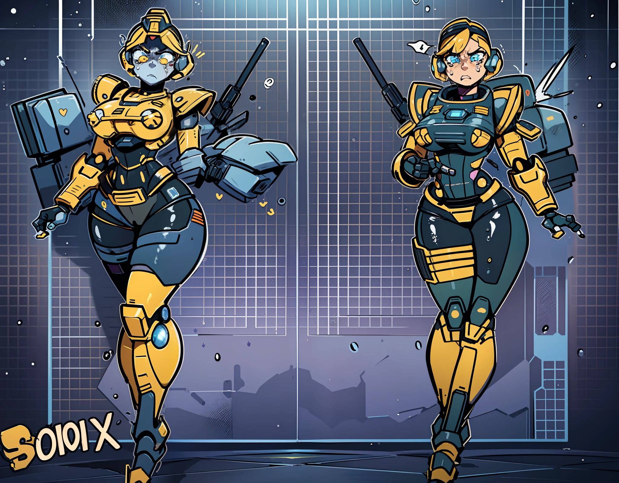 (NSFW:0.8), a cartoon anime style, toonish, (female figure robot, butt, boobs, pretty, beautiful, sexy) Generate a female mecha space ranger soldier character with a strong and heroic appearance, (futuristic armor suit:1.5), (emotional expression:2). Use the color scheme of metallic for her armor suit. Emphasize the dynamic pose and the presence of stars and galaxies in the background to enhance the sense of space adventure.
