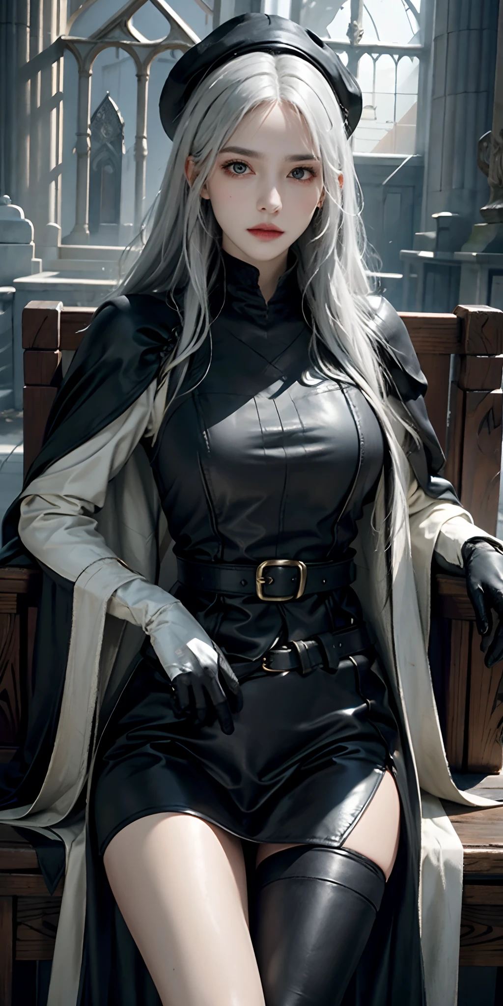 photorealistic, high resolution, soft light,1women, solo, hips up, look at viewer, (detailed face), white hair, bangs, edgBB, black gloves, belt, coat, torn clothes, capelet, gauntlets, vambraces, black capelet, hunter (bloodborne), TRICORN hat, woman wearing edgBB_outfit, outdoors, gothic church, sitting on chair, jewelry