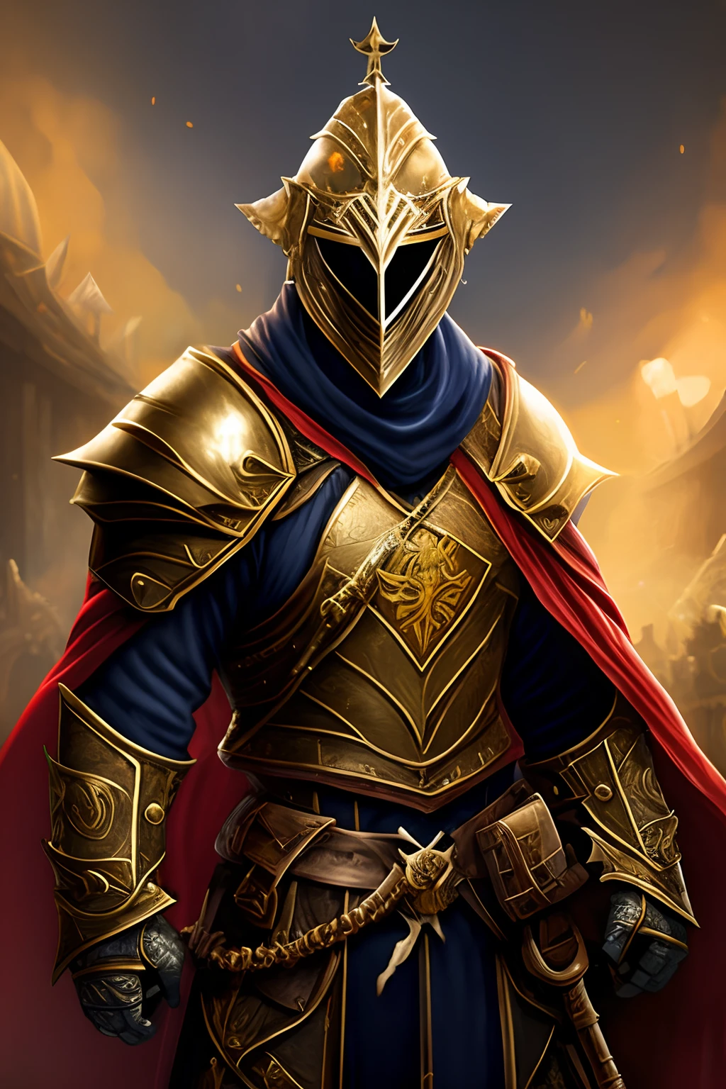 Paladin with helmet and mask, armadura pesada branca e dourada do deus azgher, emblema de sol de azgher com uma cimitarra e escudo.