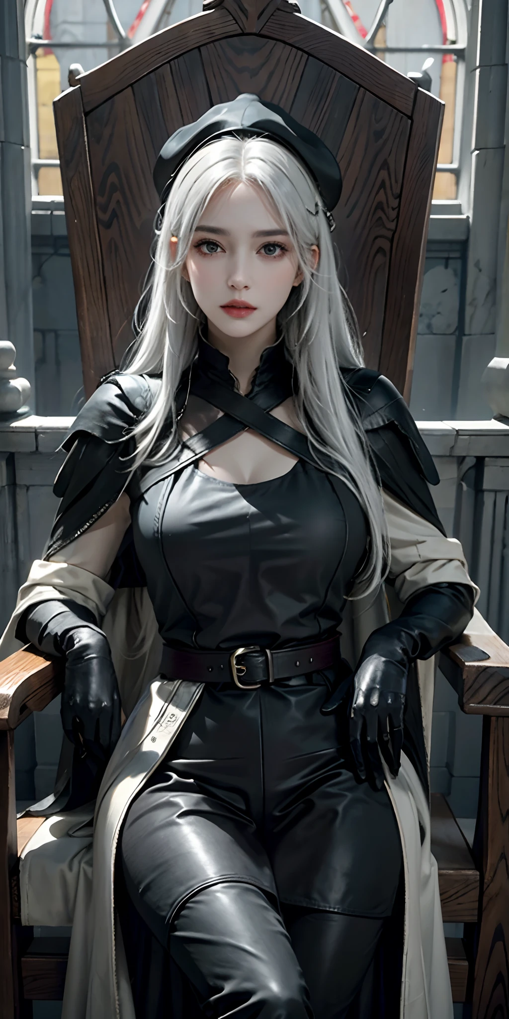 photorealistic, high resolution, soft light,1women, solo, hips up, look at viewer, (detailed face), white hair, bangs, edgBB, black gloves, belt, coat, torn clothes, capelet, gauntlets, vambraces, black capelet, hunter (bloodborne), TRICORN hat, woman wearing edgBB_outfit, outdoors, gothic church, sitting on chair, jewelry