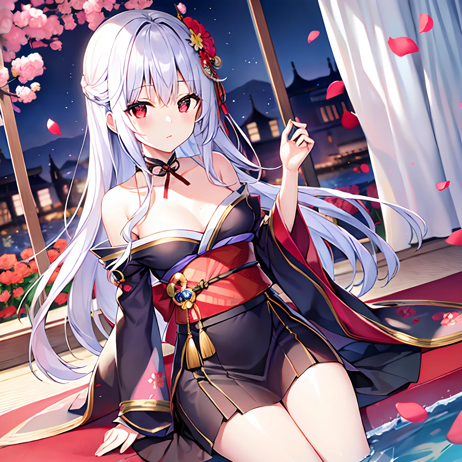 silber hair、red eyes、Beautiful girl alone、独奏、animesque、kimono、a miniskirt、flower  field