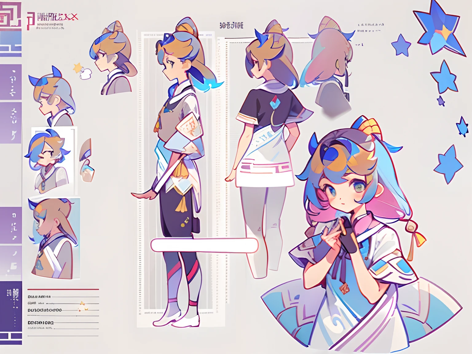 ((masterpiece)), (((best quality))), (character design sheet, same character full body, front, side, back), Illustration, 1 girl, hair color, bangs, hair fax, eyes, environment change, pose kota, female, shirt shangyi, stars, charturnbetalora, (simple background, white background: 1.3) ,--6