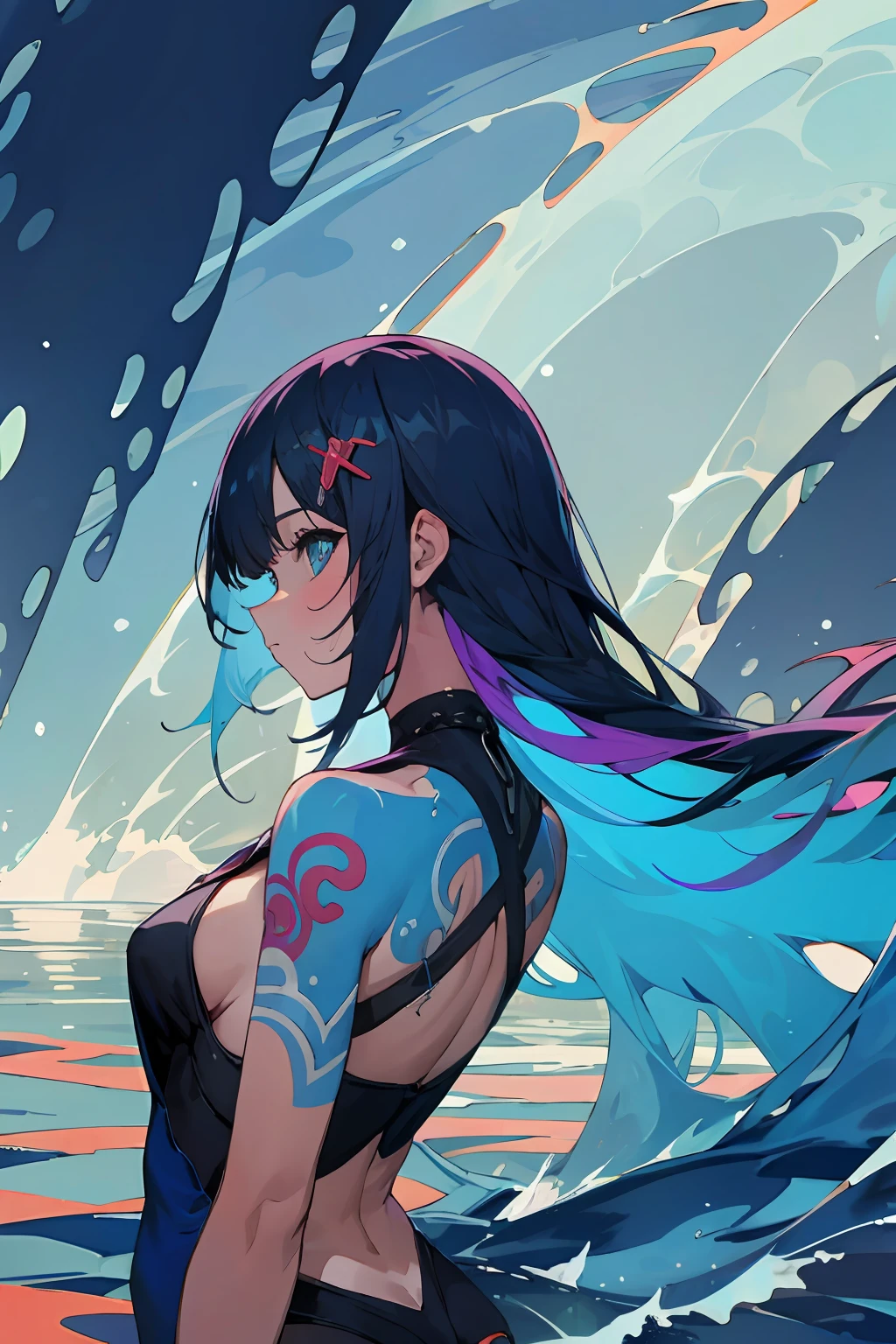 melhor qualidade, papel de parede 4K, obra-prima, extremamente detalhado CG unidade de papel de parede 8k, olhos extremamente detalhados, ultra-detalhado, detalhes intrincados, 1girl, estilo de arte retro, estilo de arte neon_pop, Amazon Rainforest,lago,peixes , water, sereia,sem pernas,calda de sereia,pele_negra, tatuagens tribais, cabelo preto, cabelo longo,calda nua, barriga nua, brassier, ombros nuos, bare arms,calda azul,