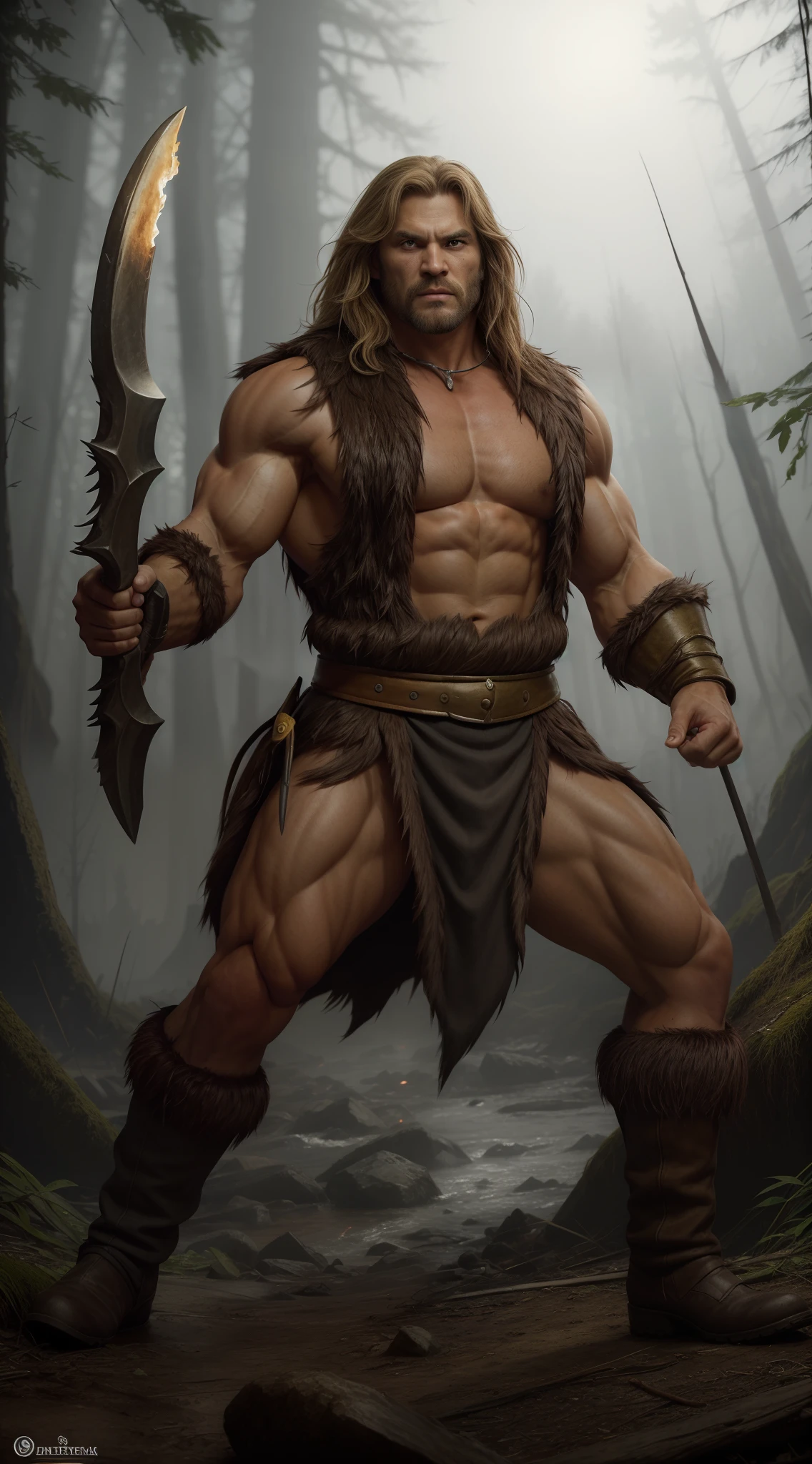 um homem com uma espada, barbarian class, conceito de personagem de fantasia heroica, Directed by: Johannes Helgeson, veste roupa de pele animal, pants boots, cabelos negros, barba e bigode crescidos, cinto largo de couro com fivela dourada, detalhes intrincados, 8k