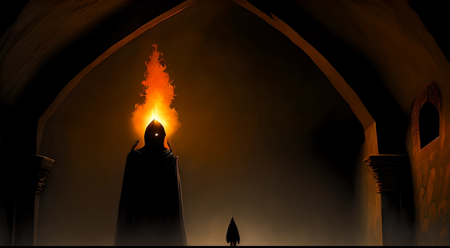 SCP-080 Dark Form, from SCP lore, a shadowy form fo variable shape, dark and vaporous, with two burning and smoking eyes, terroryfing and scary, in a obscure chamber, at night, with distant silhouettes from below. Soft lighting, beautiful, fantasy art, 8K, trending on Artstation, award winning, art by Clive barker and Stephen King and Horacio Quiroga,