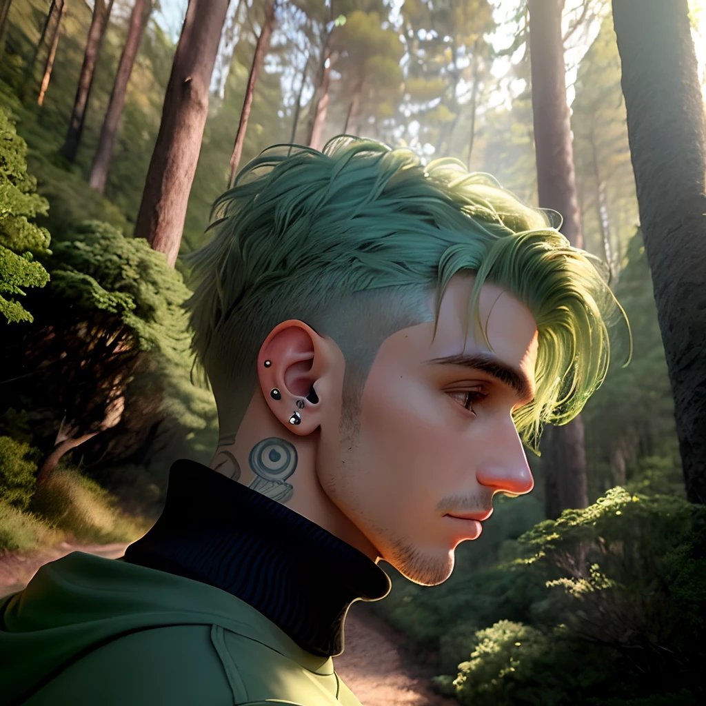 Um adulto jovem com cabelos castanhos, wearing a jacket, com uma camisa verde por baixo, blue jeans, and turtleneck sneakers, He has several piercings on his face and ear, ele segura uma bolsa militar, He's looking at a forest that's in front of him, algumas casas de madeira do seu lado, The angle of view of the drawing is on the back of the character, highlighting it and the forest in front of it, graph design, lighting that makes the drawing have a touch of suspense, But this is engaging