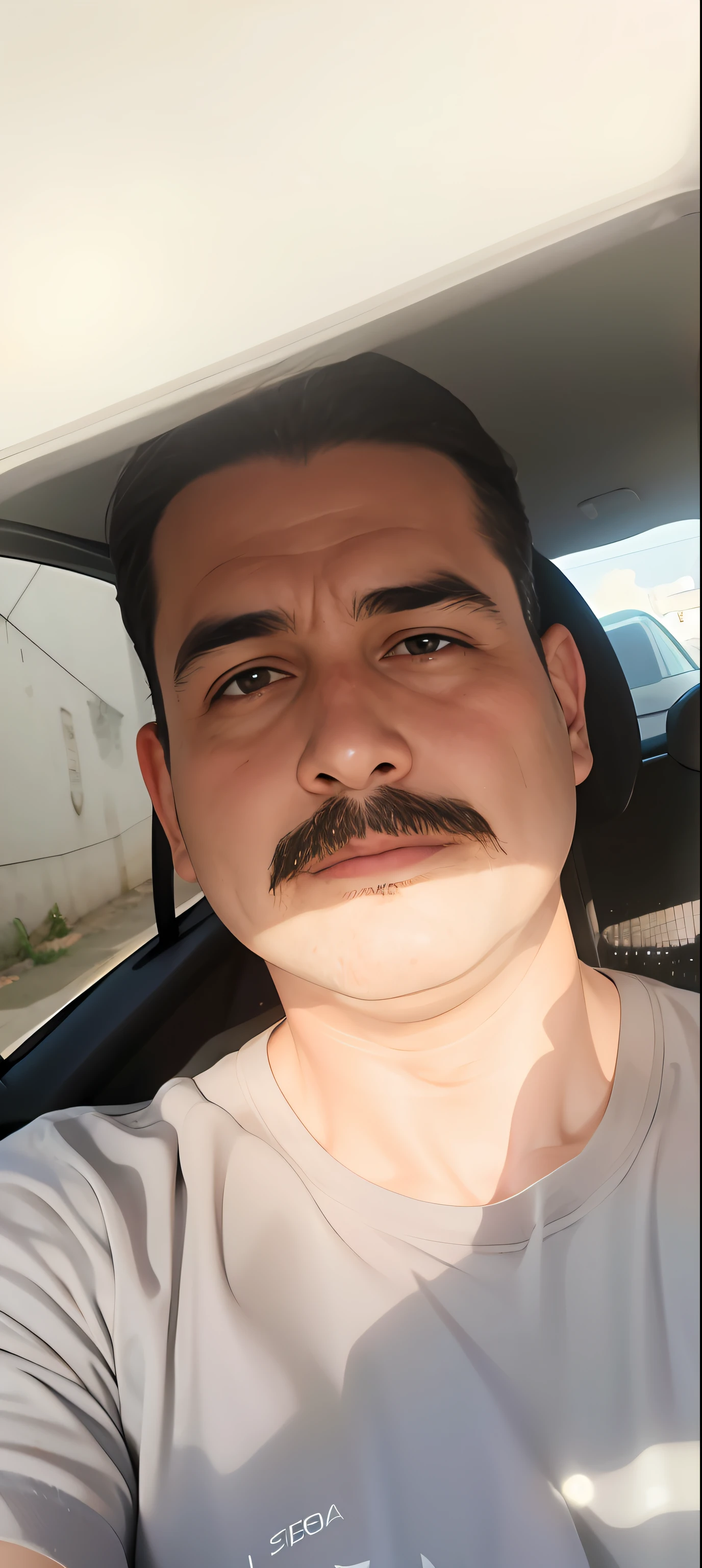 there is a man sitting in the back seat of a car, bigode fino, neckbeard, com bigode, bigode grosso, Bigode mexicano, tiny thin mustache, bigode, sem bigode, Fotografia selfie 8k, imagem frontal, bigode grande, com bigode aparado, bigode natural, bigode grosso, restolho raspado, mustache, imagem de qualidade muito baixa, bigode grande