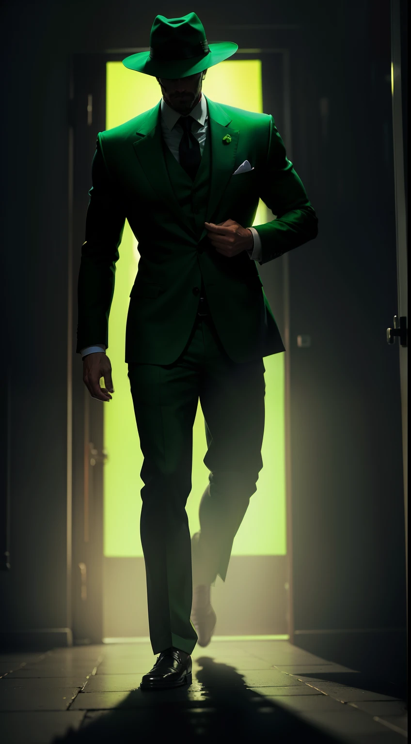 Man in green suit social hat,shrouded in darkness,sem o rosto aparecendo com cores opacas. terror, suspense, mystery. Leave the background at night and only show your full body silhouette.