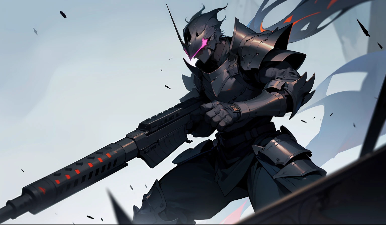 Male, a heavily built individual, towering at 6'8" and possessing a brawny physique that showcases his immense strength. His armor is a dark, metallic shade, intricately designed to provide maximum protection while allowing for ease of movement. A helmet with a tinted visor conceals his face, adding an aura of mystery to his persona. His minigun, a weapon of destruction, is slung across his broad shoulders, ready to unleash a hail of bullets at a moment's notice