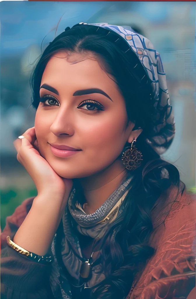 A closeup of a woman with a scarf on her head, Earrings in the shape of wagon wheel and necklace