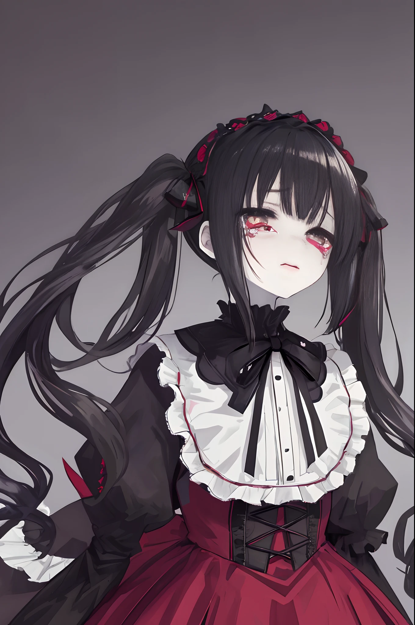 masterpiece, best quality, 1girl,gothic ta,empty eyes,no pupils,wavy mouth,tears,White skin,black hair,twintails,{{{shadow under eyes,blood,panicking