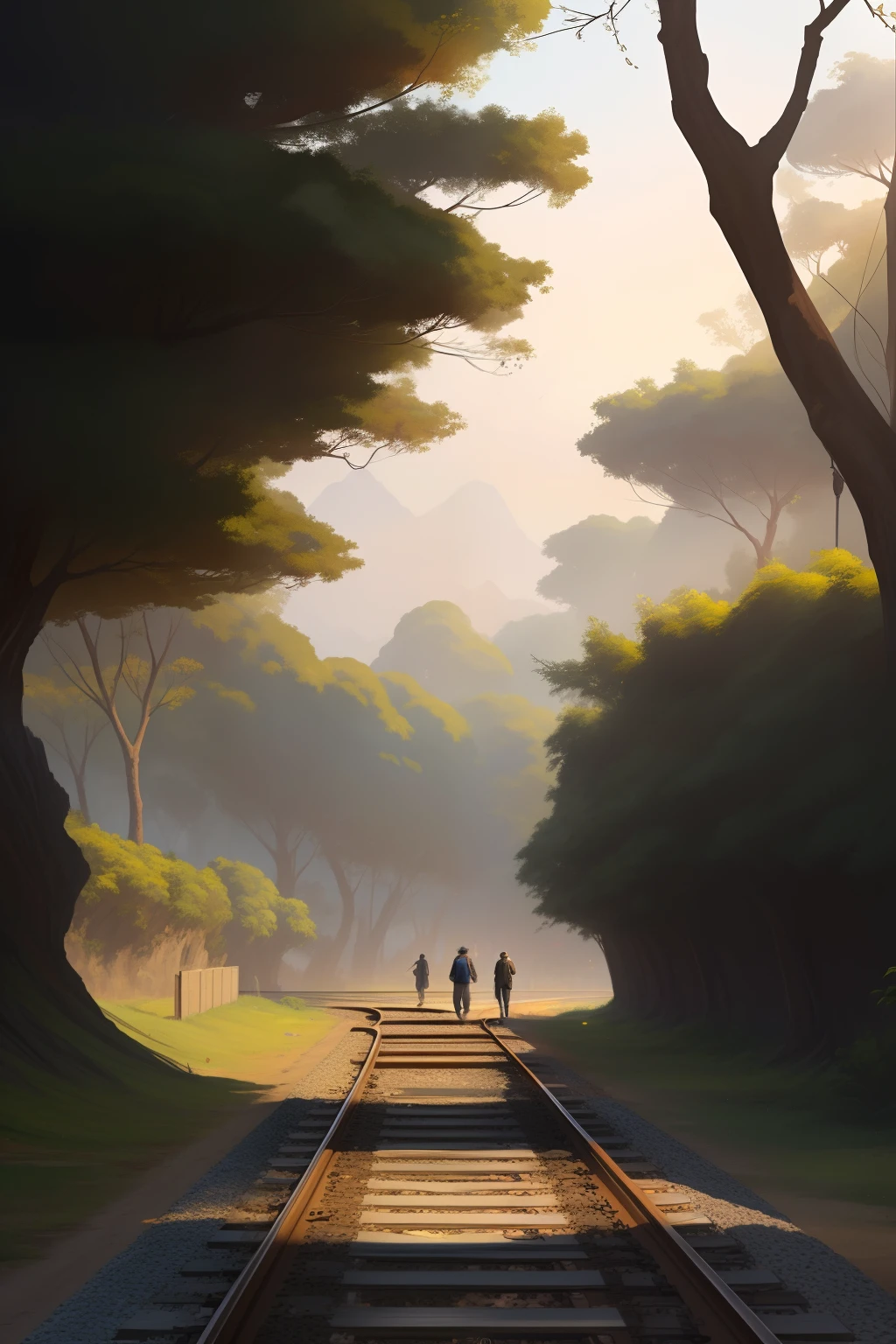 There are people walking along the tracks of a train track, Tran Ross. scenic background, inspirado em Michael Komarck, Atey Ghailan e Steve McCurry, paisagem fotorrealista, Directed by: Vincent Lefevre, Martin Raphael Lacoste, Directed by: Kim Eung-hwan, por jeonseok lee, Ross Tran 8 K, Directed by: Zou Zhe, pintura fosca hiperrealista