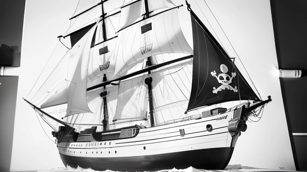 Black and white child's drawing for coloring, pirate sailboat, cartoon style, ((drawing in black and white only)), thin lines, minimal details, no shadows, no shading, monochromatic