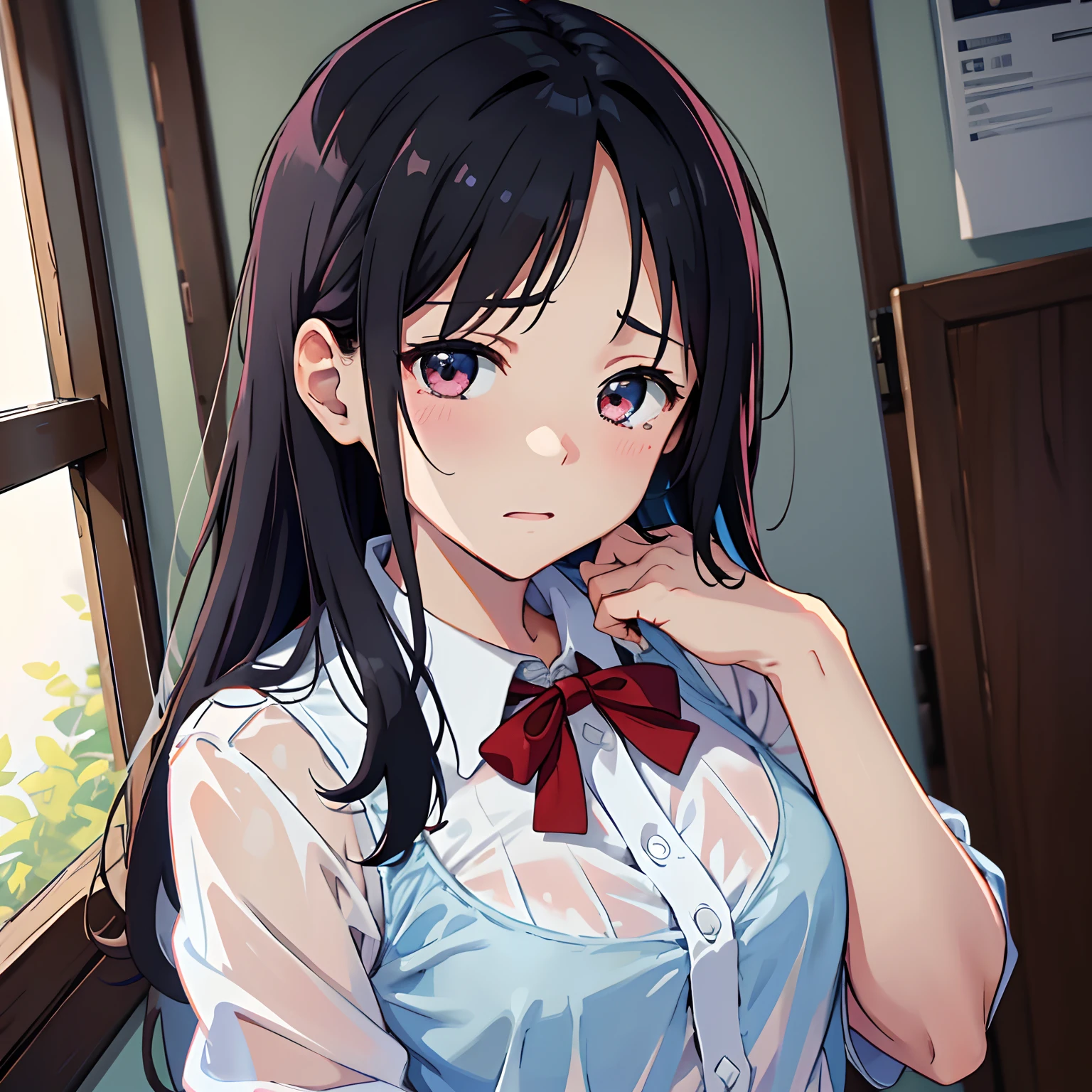 younger sister、Wearing a school uniform、See-through wet and bra、8K、top-quality、14years、Looking at the camera、Cheeks red、I'm embarrassed、Delicate hand、Room、I like my brother、Put your brother's hand on your chest、shed tears