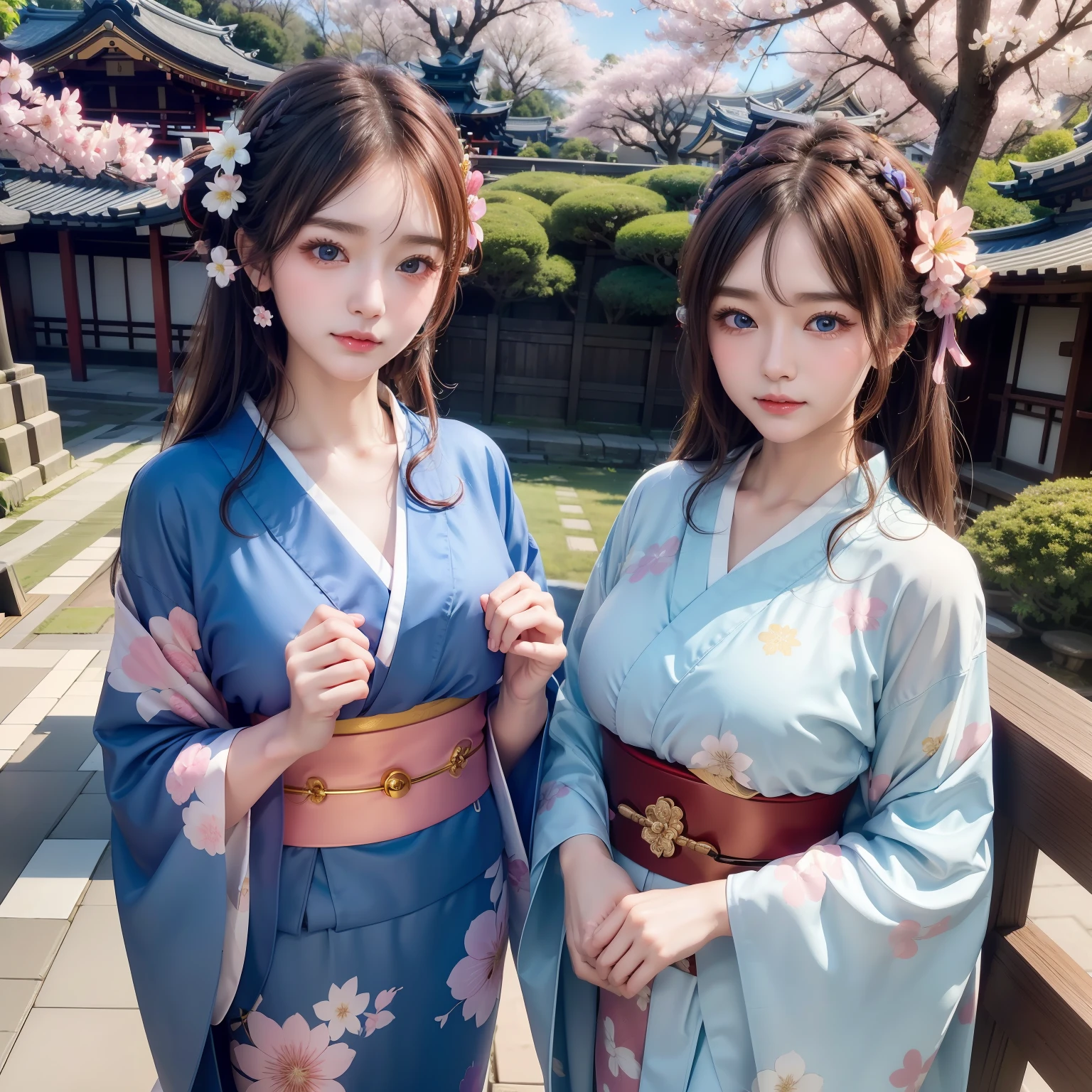 High quality、２５Age pretty woman、Slender beauty、Wear a gorgeous Japan traditional kimono、hairpin、Geta、Expensive obi、Big beautiful blue eyes、Detailed cute face、独奏、Stand dignified、Gion、Kiyomizu-dera Temple、under a cherry blossom tree