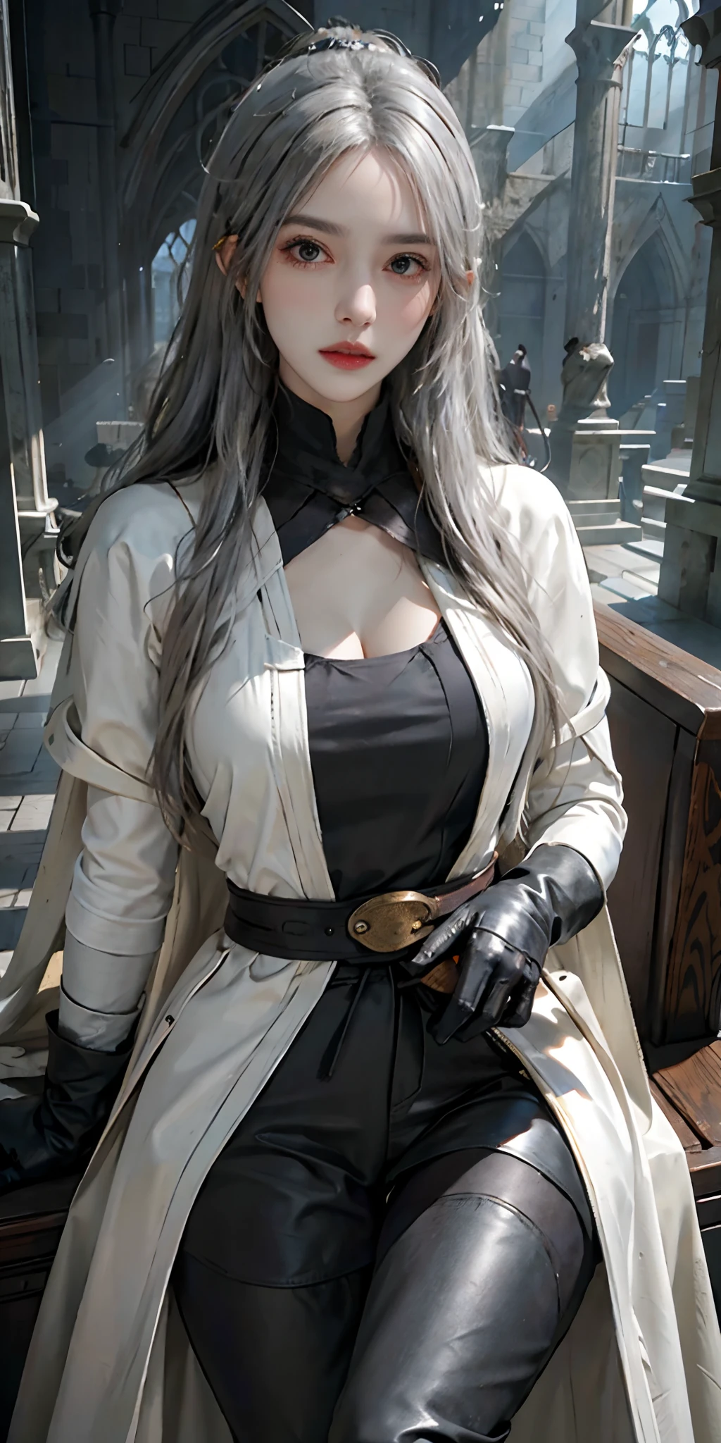 photorealistic, high resolution, soft light,1women, solo, hips up, look at viewer, (detailed face), white hair, bangs, edgBB, black gloves, belt, coat, torn clothes, capelet, gauntlets, vambraces, black capelet, hunter (bloodborne), (tricorn:1.2), woman wearing edgBB_outfit, outdoors, gothic church, sitting on chair, jewelry