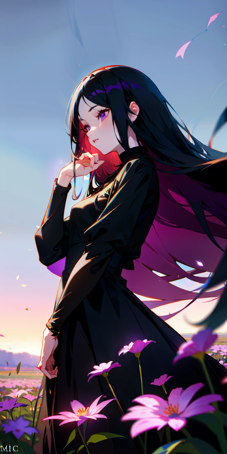 (masterpiece, best quality),1girl with long black hair and black-purple eyes, pale silky skin, in a field of flowers, warm lighting, with a black dress, blurry foreground (drawn in app good quality, hand drawn good quality)