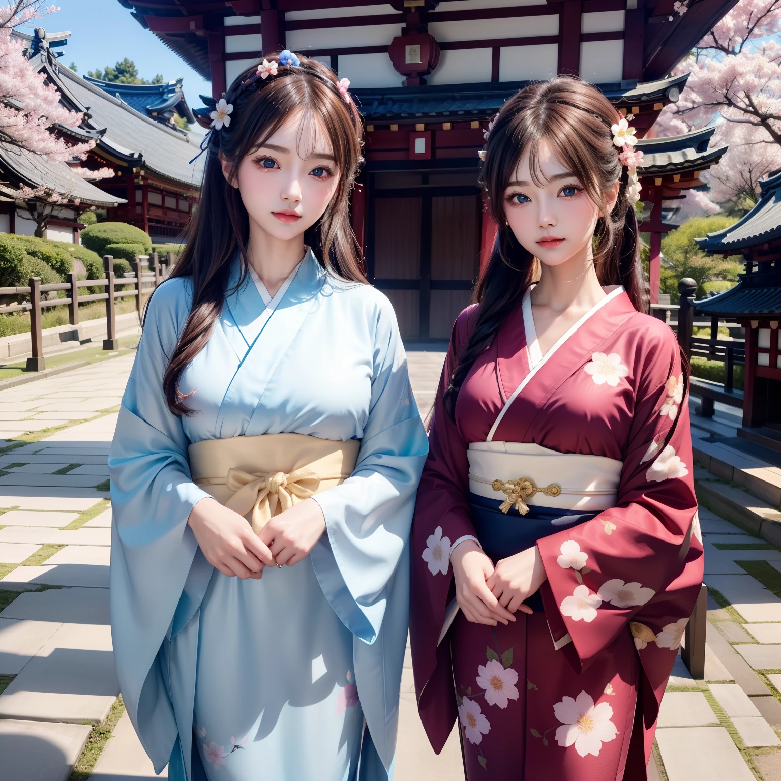 High quality、２５Age pretty woman、Slender beauty、Wear a gorgeous Japan traditional kimono、hairpin、Geta、Expensive obi、Big beautiful blue eyes、Detailed cute face、独奏、Stand dignified、Gion、Kiyomizu-dera Temple、under a cherry blossom tree