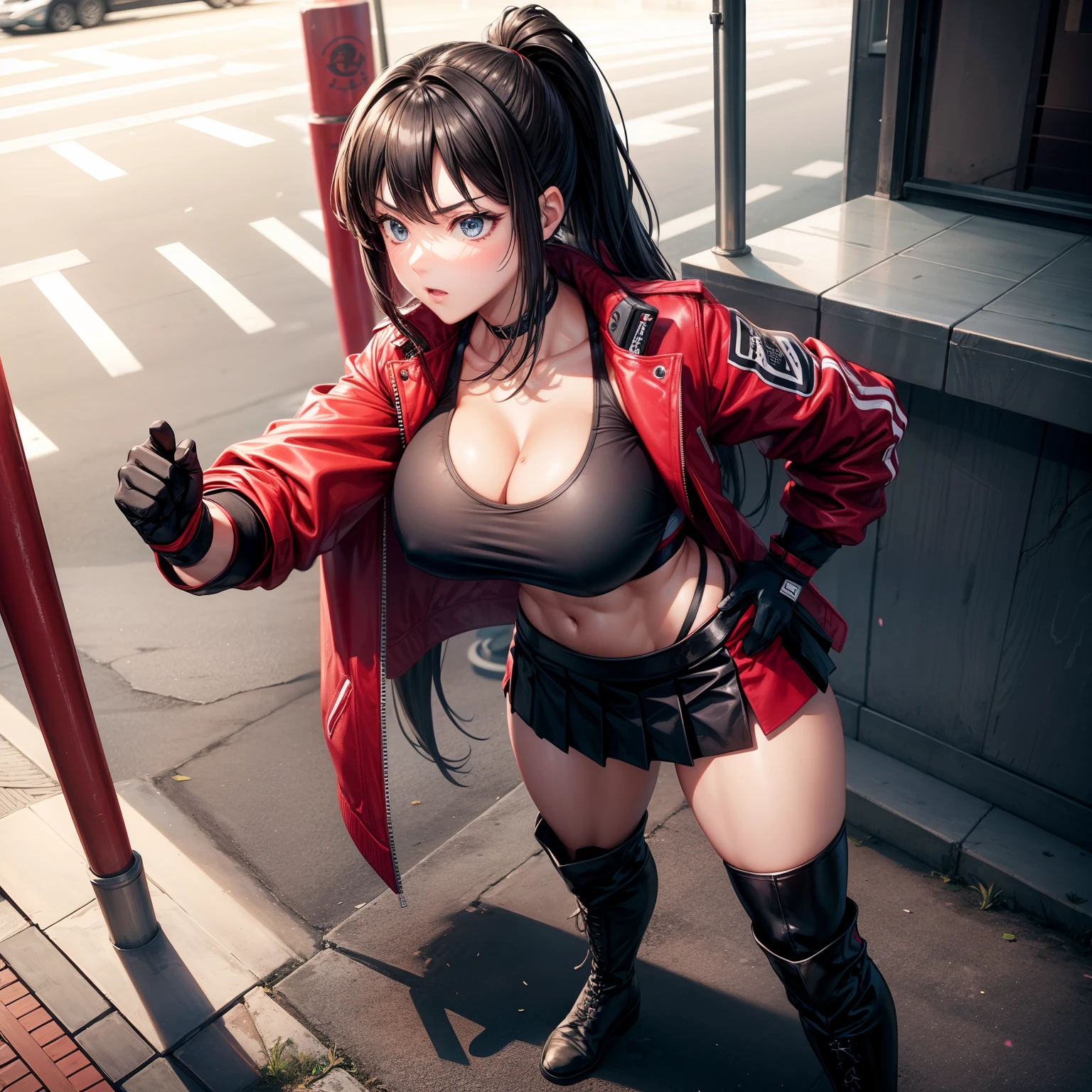 Female Martial Artist、huge 、a beauty girl、Nice Buddy、Excellent style、musculature、Rider Jacket、Sportsbra、skirt by the、knee boots、Open Finger Gloves、street、One girl、Standing normally、full body seen