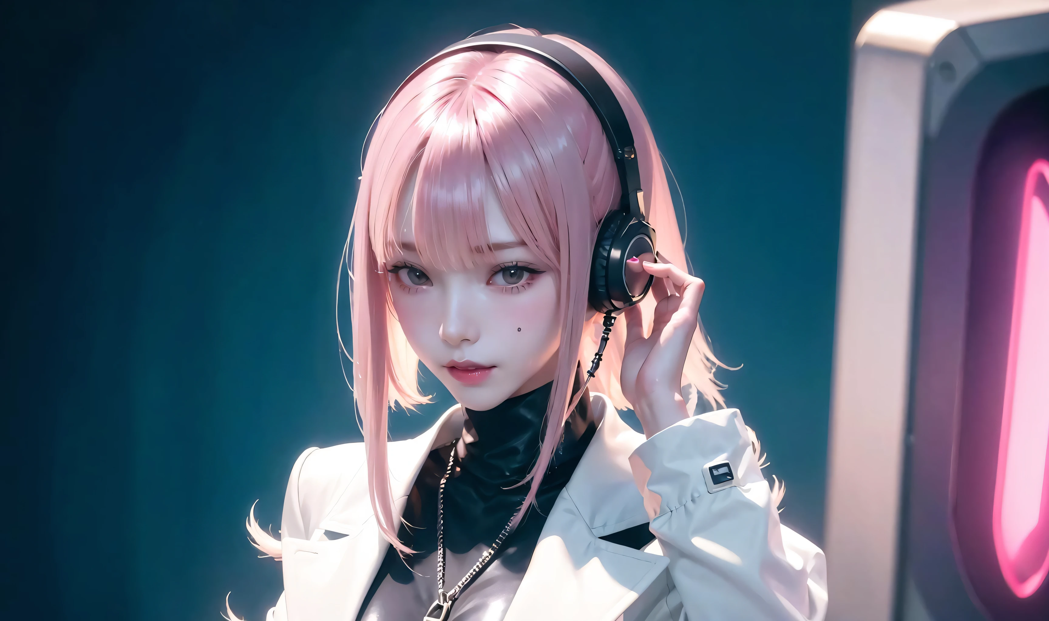masterpiece, best quality, (ultra high res,photorealistic,realistic,best quality,photo-realistic),
(8k, raw photo, best quality, masterpiece),(dark photo:1.3), intricate details, (latex skin: 1.1) and (perfectly shiny skin: 1.2) and (damp skin: 1.1), (very detailed face), (masterpiece, realistic: 1.3), (extremely complex: 1. 2)>, intricate and fine details, (sculptural skin texture: 1.1) and (shiny shiny skin: 1.2) and (slightly damp skin: 1.1),
(photon mapping, radiosity, physically-based rendering, automatic white balance),
illustration, CG, unity ,wallpaper, official art,
amazing, finely detail, an extremely delicate and beautiful, extremely detailed,
highly detailed, sharp focus, rich background,
(real person,photograph), (((high detailed skin,visible pores))),
((1girl)), (highly detailed face:1.3), ((((cyberpunk)))),
ulzzang, narrow waist, half body,prefect female body, long legs,White leather coat
mechanical parts, (( headphone, hair ornament)),
((long hair, pink hair)),pink leather pants,pink tights,Mechanical limbs,
light smile, medium breasts, stunning innocent symmetry face,