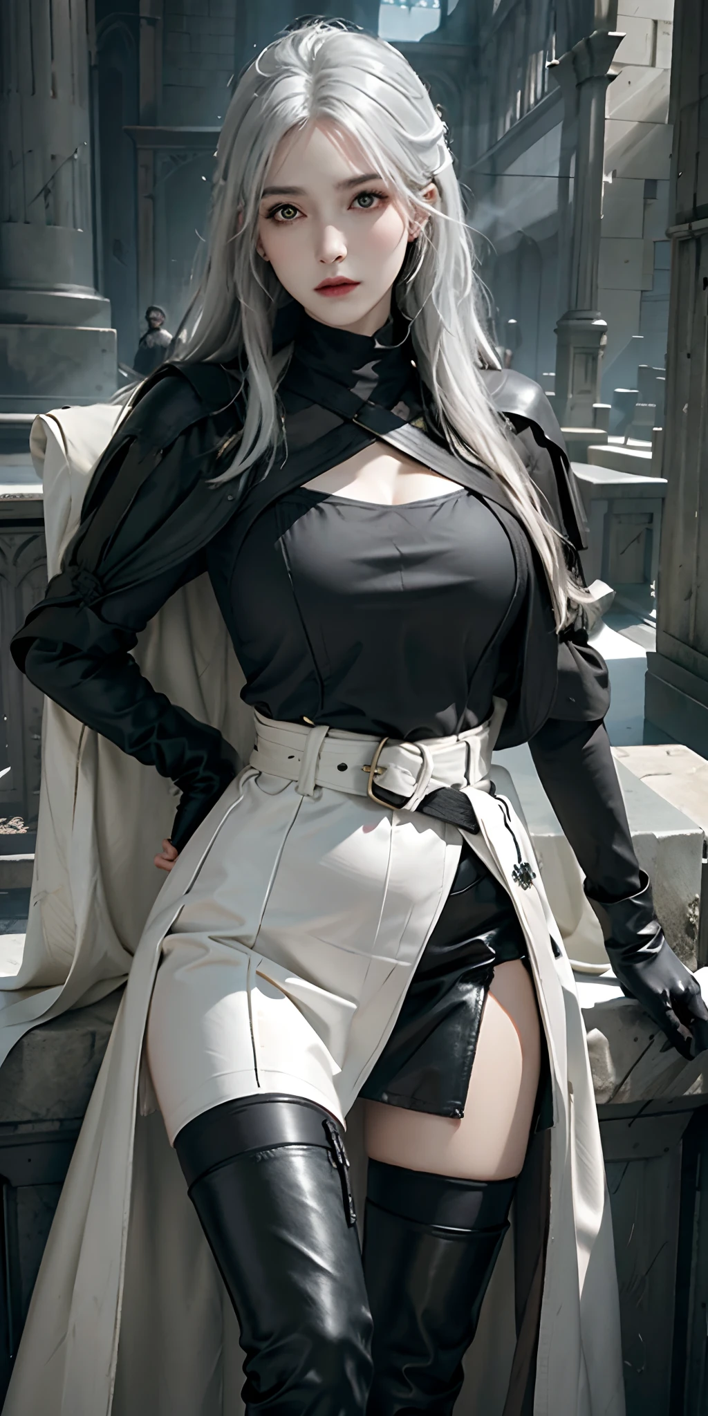 photorealistic, high resolution, soft light,1women, solo, hips up, look at viewer, (detailed face), white hair, bangs, edgBB, black gloves, belt, coat, torn clothes, capelet, gauntlets, vambraces, black capelet, hunter (bloodborne), (tricorn:1.2), woman wearing edgBB_outfit, outdoors, gothic church, sitting on chair, jewelry