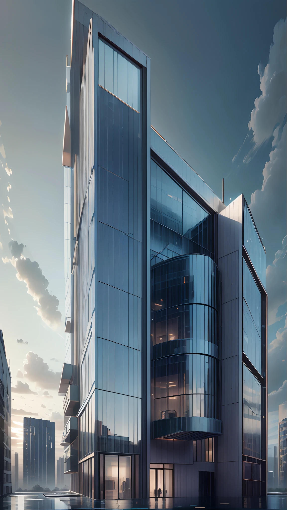 a sketch of a modern building with a glass façade soaring into the sky, featuring sleek, clean lines. The building should have a height of around 50 stories and incorporate a rooftop garden for green space. The base should be a mix of stone and steel, creating an industrial yet sophisticated feel. There should be large, floor-to-ceiling windows to flood the interior with natural light, and the main entrance should have a striking, futuristic design --auto --s2
