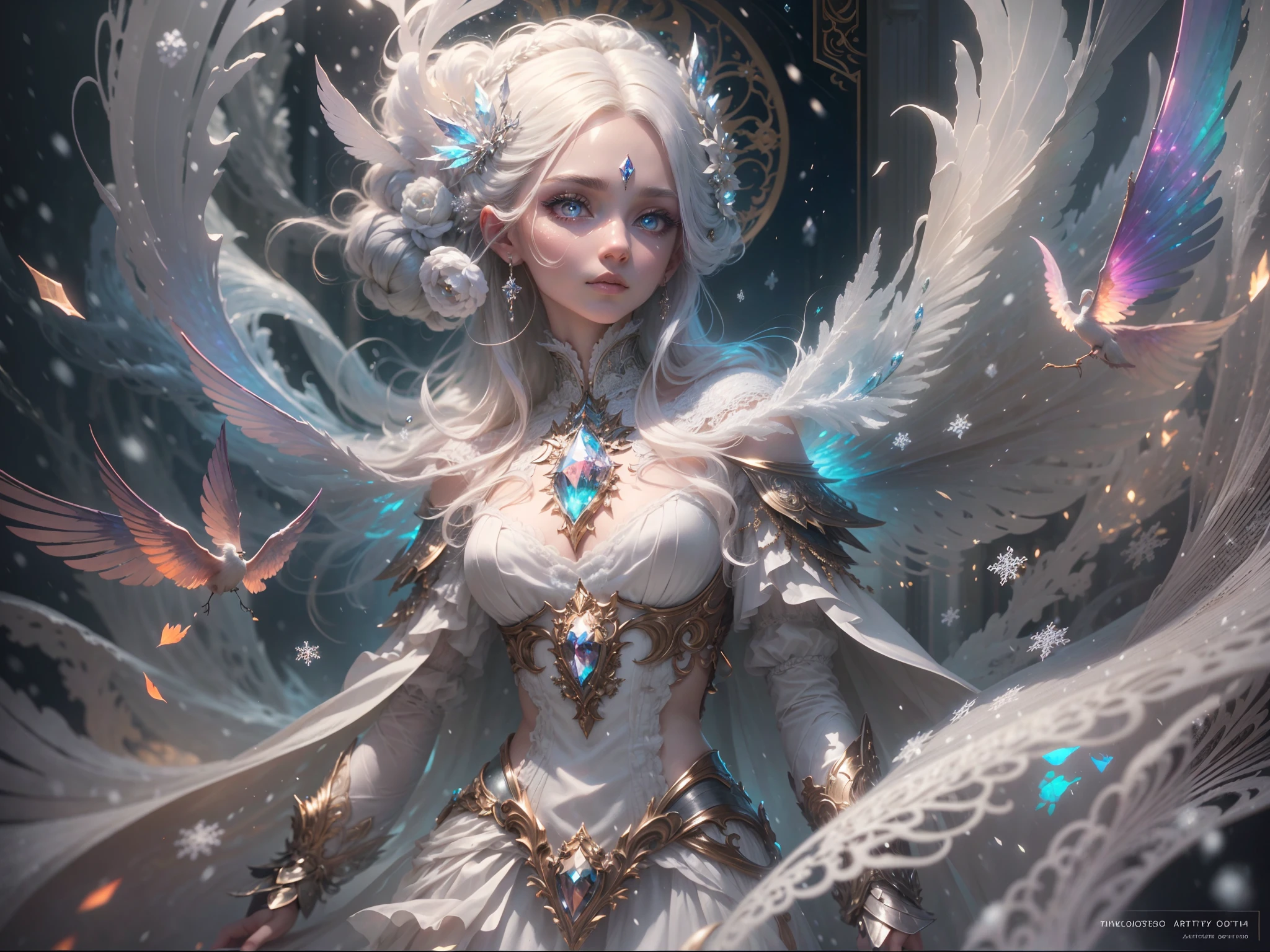(((masterpiece))), (((best quality))), ((ultra-detailed)),(highly detailed CG illustration), ((an extremely delicate and beautiful)),cinematic lighting. This is a realistic fantasy artwork with contrasting colors and a very mysterious aura. Generate a pure white woman with ((pure white skin)), metallic hair, and (((bold, colorful eyes))). (((Her skin is whiter than snow))). Her face is extremely detailed with realistic shading and her eyes are extremely detailed with absurdly high resolution and bright, bold colors. (((Her eyes are important and must be perfect.))) She has soft, puffy lips. Include many fantasy details such as soft white feathers, beautiful French silk, delicate embroidery, snow, iridescence detailing, phantasmal iridescence detailing, and glitter. Include moonlight, snowflakes, and winterscapes. The character in the artwork is a delicate but strong petite figure with an aura of mystery and magic. The character's clothing should be designed with gossamer feathers, silk, stunning embroidery, and subtle iridescent details. Incorporate dreamy colors, dynamic lighting, and detailed background elements to create a sense of awe and immersion.  Consider the latest trends in fantasy art, such as incorporating unique lighting effects, exploring dynamic and compelling composition techniques, and experimenting with unique color palettes. Take inspiration from the top artists on ArtStation and Midjourney. Camera: Choose an angle that highlights the character's beauty and enhances the magical majesty of the artwork. Lighting: Utilize atmospheric lighting techniques to create depth and mood. Resolution: Aim for a high-resolution artwork to showcase intricate details and clarity. Art Inspirations: Seek inspiration from the trending artists on ArtStation, exploring different styles, genres, and themes.