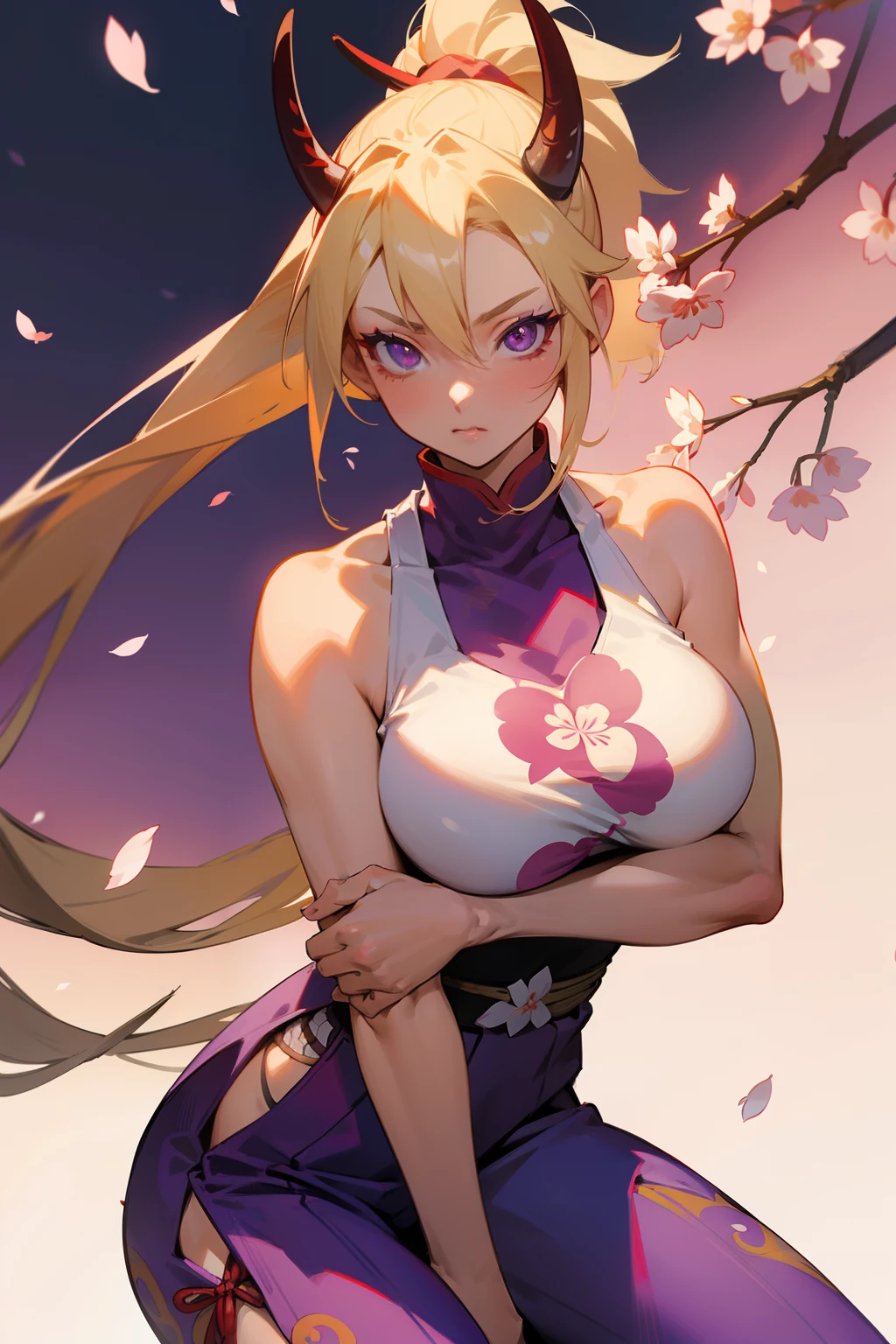 Female samurai with long, blonde high ponytail and deep violet eyes with noticable light red horns protruding from the top of her head. Wears a plain white tank top and a cherry blossom-patterned haori on top, with yoroi armor pants for protection and she have a katana, large breast