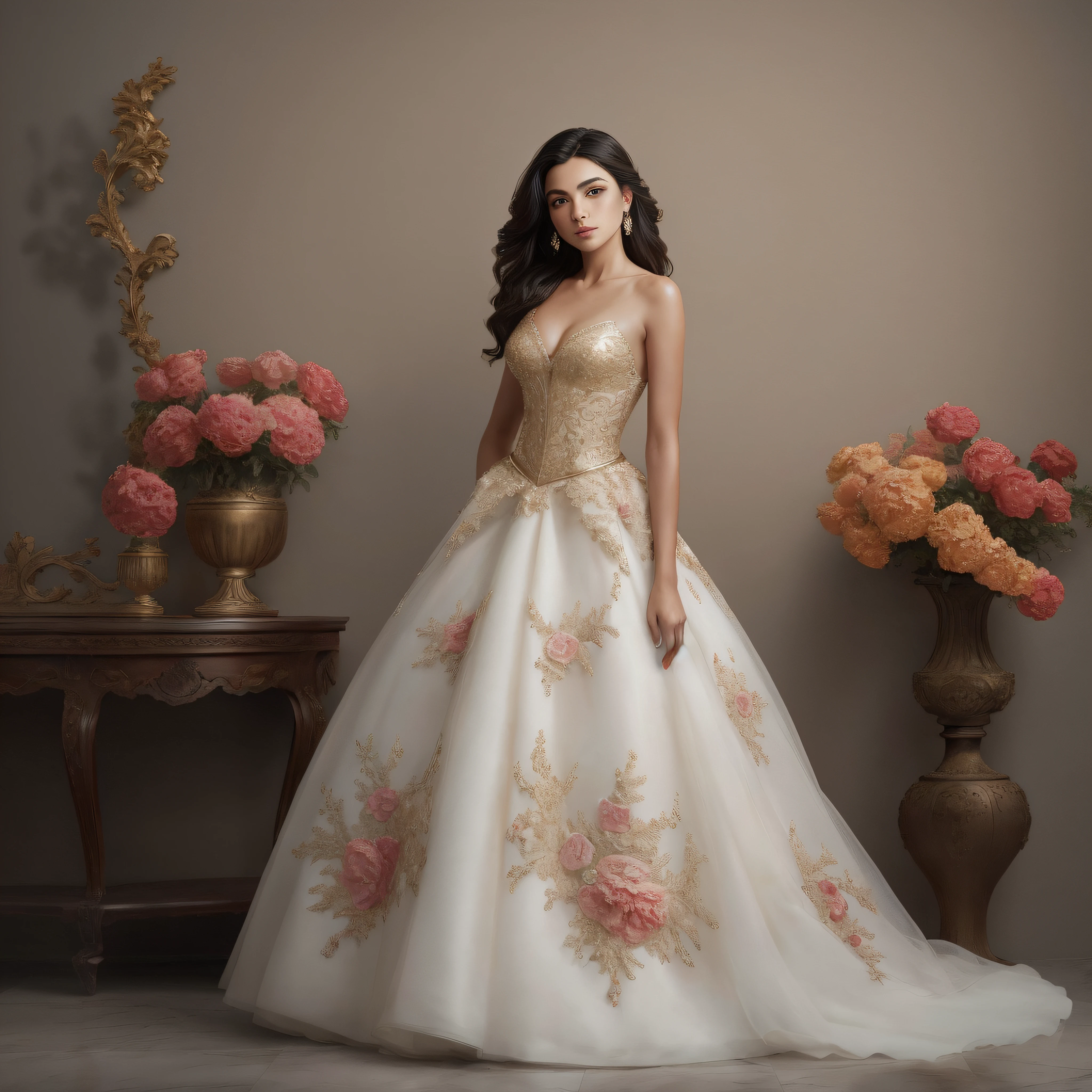 Full body photo, featuring a Mexican girl dressed in a magnificent haute couture quinceañera ball gown with a floral waist belt. The gown she wears is a vibrant shade of red, adorned with layers of tulle ruffles, shimmering rhinestones, and intricate gold lace and filigree details. A wide waist belt adorned with fabric flowers cinches her waist and adds a pop of color and texture. Poised elegantly within the luxurious interior of a castle, dramatic cinematic lighting casts enchanting shadows, enhancing her allure. Crystal chandeliers hang delicately from above, casting a warm glow onto the marble floors below. The ornate stairwell adds to the castle's charm , (skin dents: 1.5), realistic, realistic, (masterpiece: 1.5), concept art, intricate details, highly detailed, octane rendering, 8k , Unreal Engine, Dynamic Pose, Best Quality, High Resolution, ((Theatic)), Epic, Depth of Field, , Particle, (Realistic Face:1.1, Surreal:1.1), ((1 Girl, Close Up, Medium Tits, Perfect Eyes, Detailed Eyes, High Quality Eyes, High Quality Eyes perfect_face, High Quality Eyes, High Quality Eyes, Shiny Skin: 1.2, Shiny Face: 1.2, Embarrassment, Blushing: 0.8)),Wide-Angle, close-up, god rays, depth of field, chiaroscuro, cinematic lighting, high detail, Verism, UHD, masterpiece, acurate, super detail, high details, high quality, highres, best quality, award winning, 16k