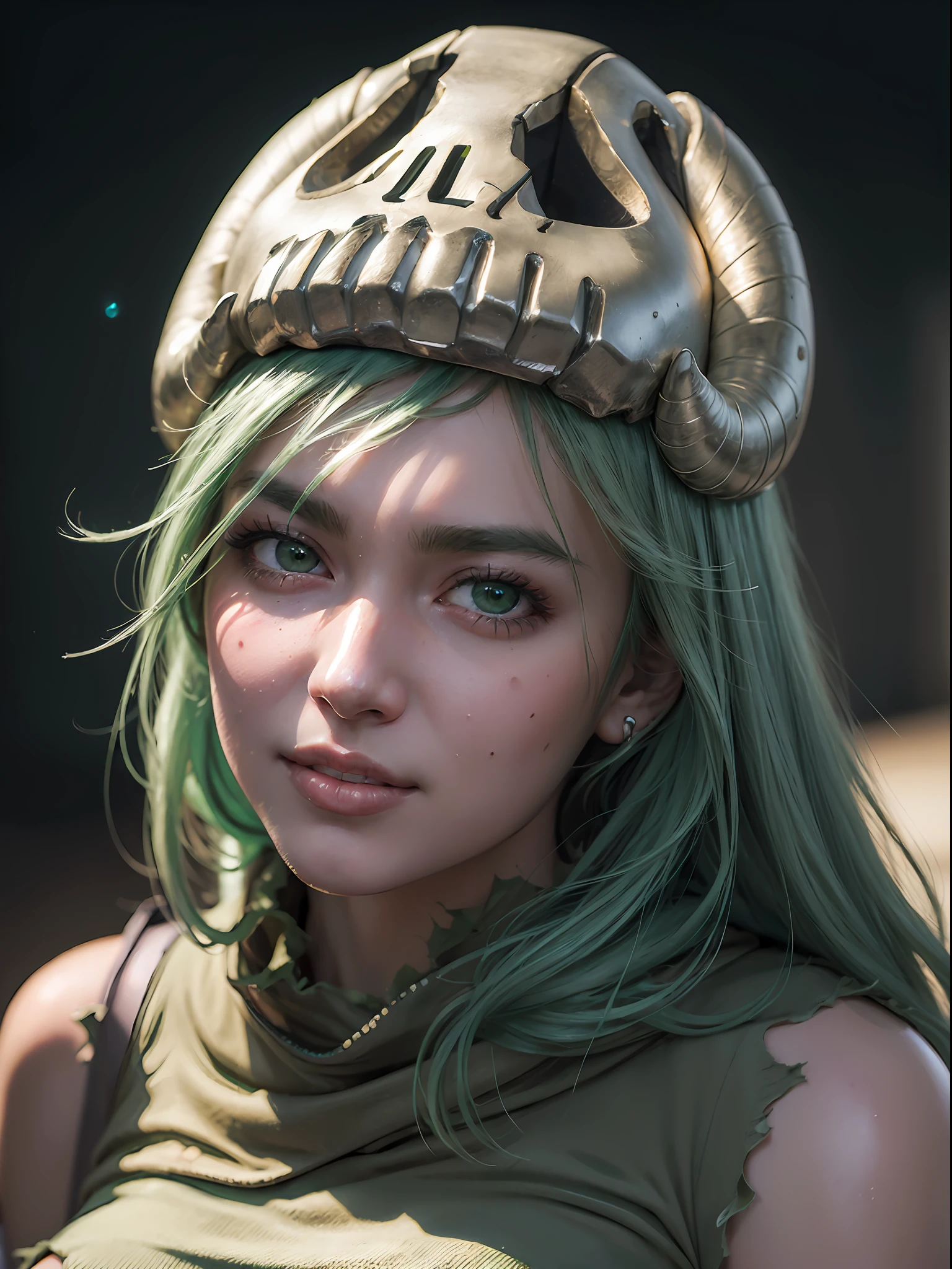 (masterpiece, best quality:1.4), (close up:1.2), (face focus:1), odelschwanck, green hair, skull, torn clothes, underboob, skirt, sexy smile, looking at viewer, beautiful face, highly detailed face, highly detailed eyes, highly detailed skin, skin pores, subsurface scattering, realistic pupils, full face blush, full lips, detailed background, depth of field, volumetric lighting, sharp focus, absurdres, realistic proportions, good anatomy, (realistic, hyperrealistic:1.4), moon background, nightlight 16k hdr,