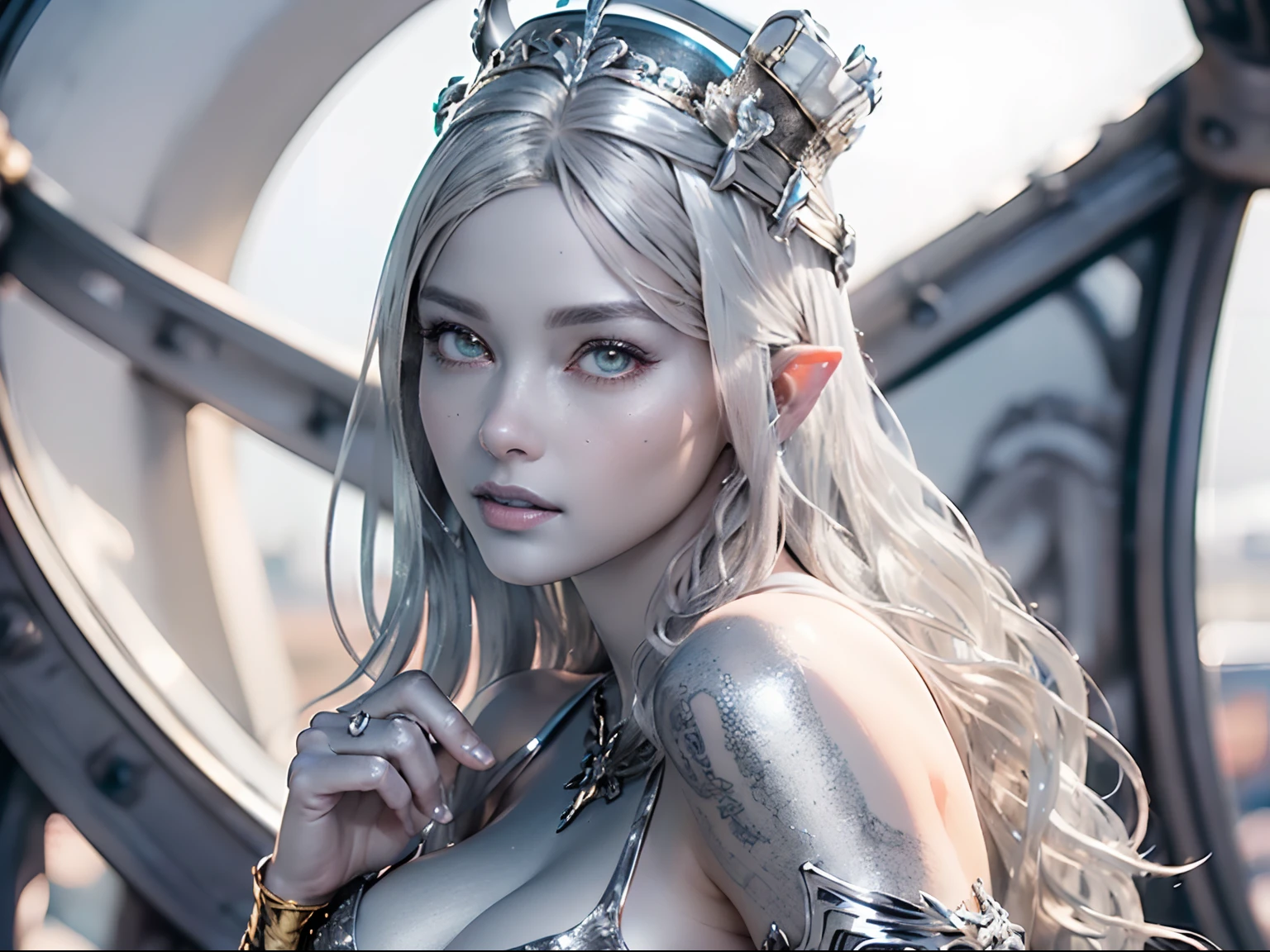 Ultra-detailed complex 3D rendering of the face, (masterpiece, top quality, octane rendering,), glamour shots full body image, very beautiful young elves, cleavage, (highly detailed skin: 1.2), (exposure: 1.1), ((blue micro bikini: 1.95)))). , 8k, (((very soft breasts)), (((conspicuous large pink areola)), beautiful Caucasian woman with white skin with full soft breasts with big buttocks, one, long braided hair, big breasts, dynamic angles, (((huge breasts: 2.4)), ultra-realistic photos, ((((((silver hair)))), futuristic urban background, facial muscles, (((((detailed and glamorous silver crown)))), In the style of Marvel Comics, ArtStation Trends, Clear Focus, Intricate Details, Very Detailed, Detailed Green Eyes, Sharp Focus, Digital Rendering, Professional, Abs, Lip Gloss, Glossy Skin, Sexy Pose, Golden Tattoo All Over Body, Silver Pattern All Over Body, Silver Lame Skin, Gold Glitter Skin, Mansuji, Buttocks, Jeweled All Over the Body, with silver scales, silver hair,